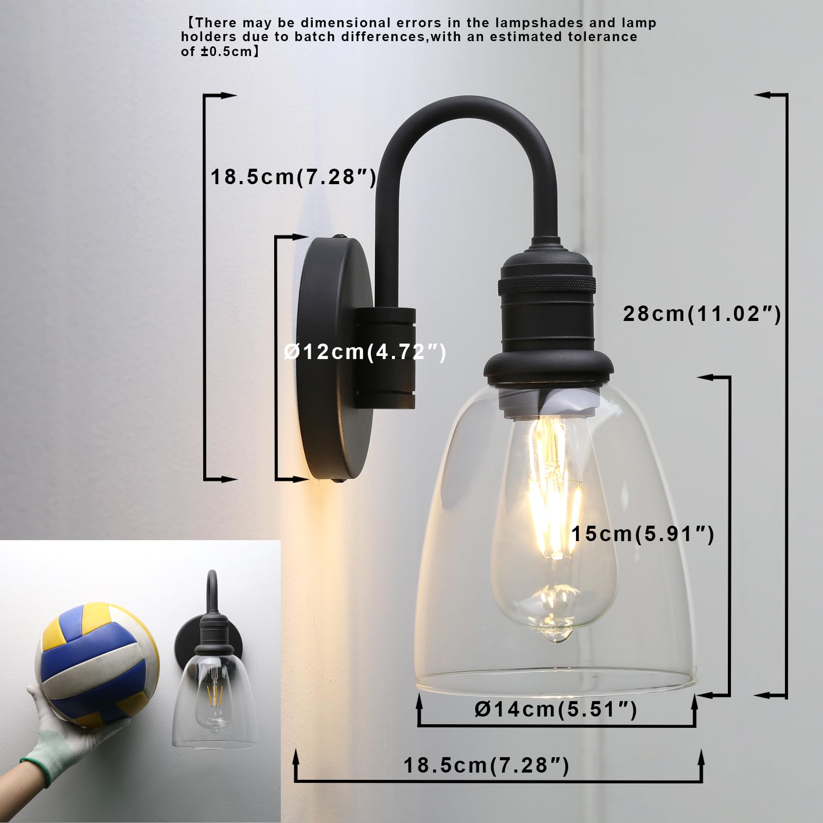 Yosoan Wandleuchte Vintage Metall Wandlampe Retro Innen Wandlampe mit klarem Glas Lampenschirm für Office Home Küche Wohnzimmer Schlafzimmer Loft Bar (Schwarz)