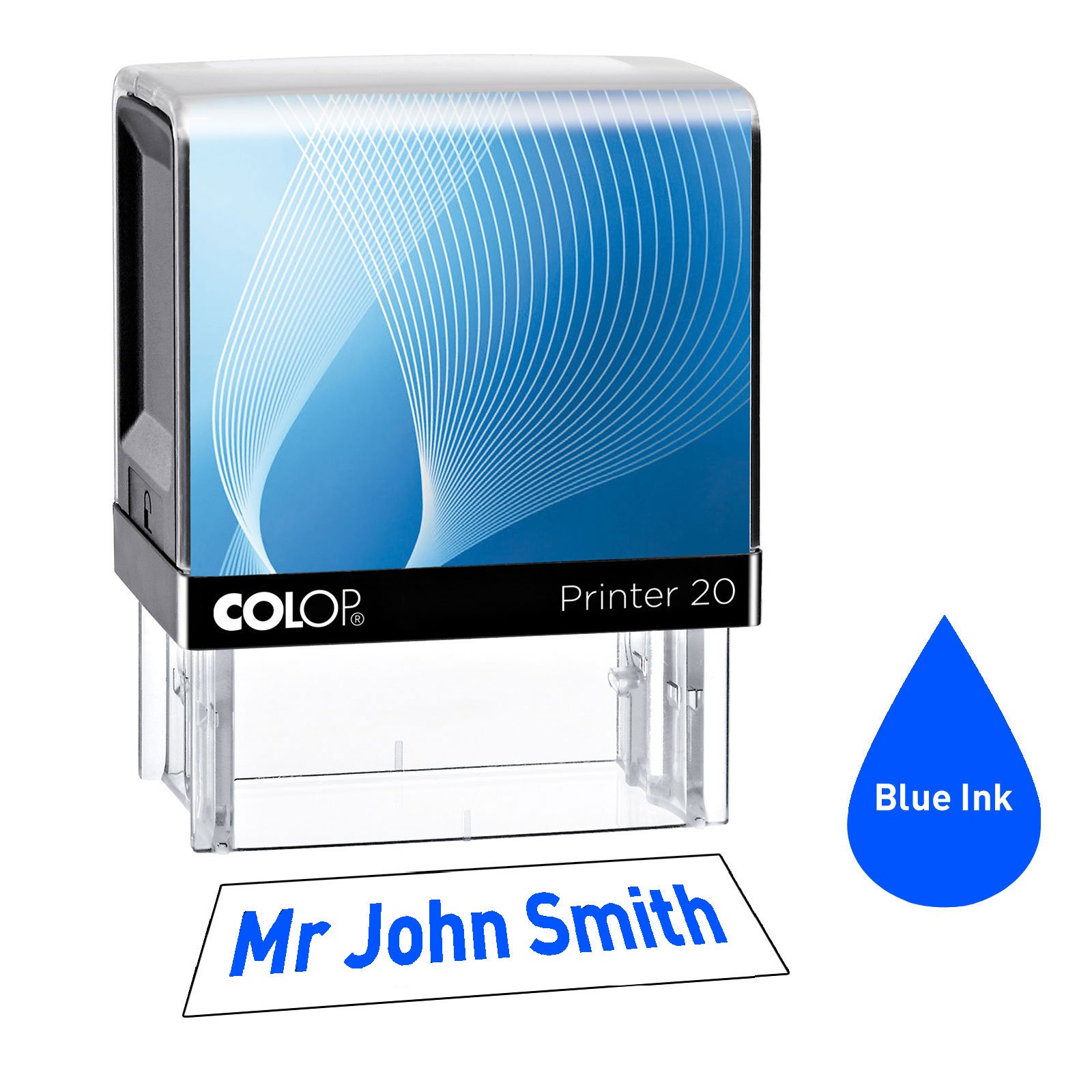 Colop P20 38 x 14mm Personalised Custom Made Self-Inking Business Rubber Stamp with Blue Ink and 1 Line of Text