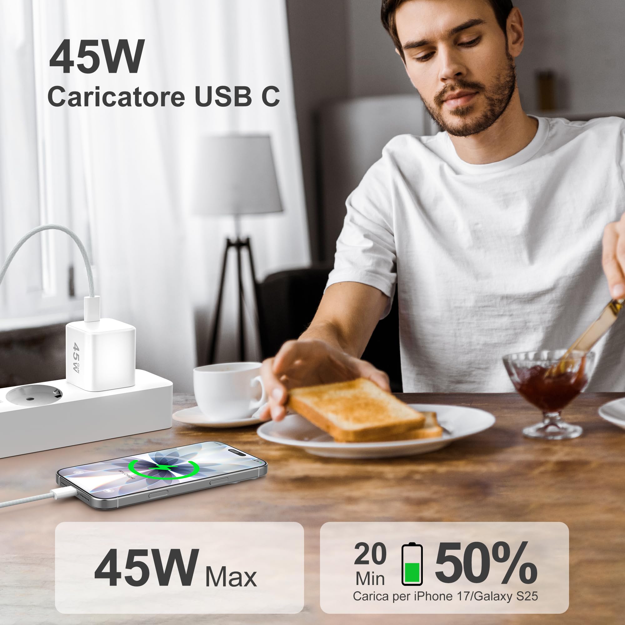 YISH 45W Caricatore USB C Rapido GaN：PD3.0 Caricabatterie USB C Alimentatore Compatto Presa Compatibile con iPhone 17 16 15 Samsung S25 S24 Spina Tipo C Carica Batterie Cellulare con 60W Cavo USBC 1M - 2