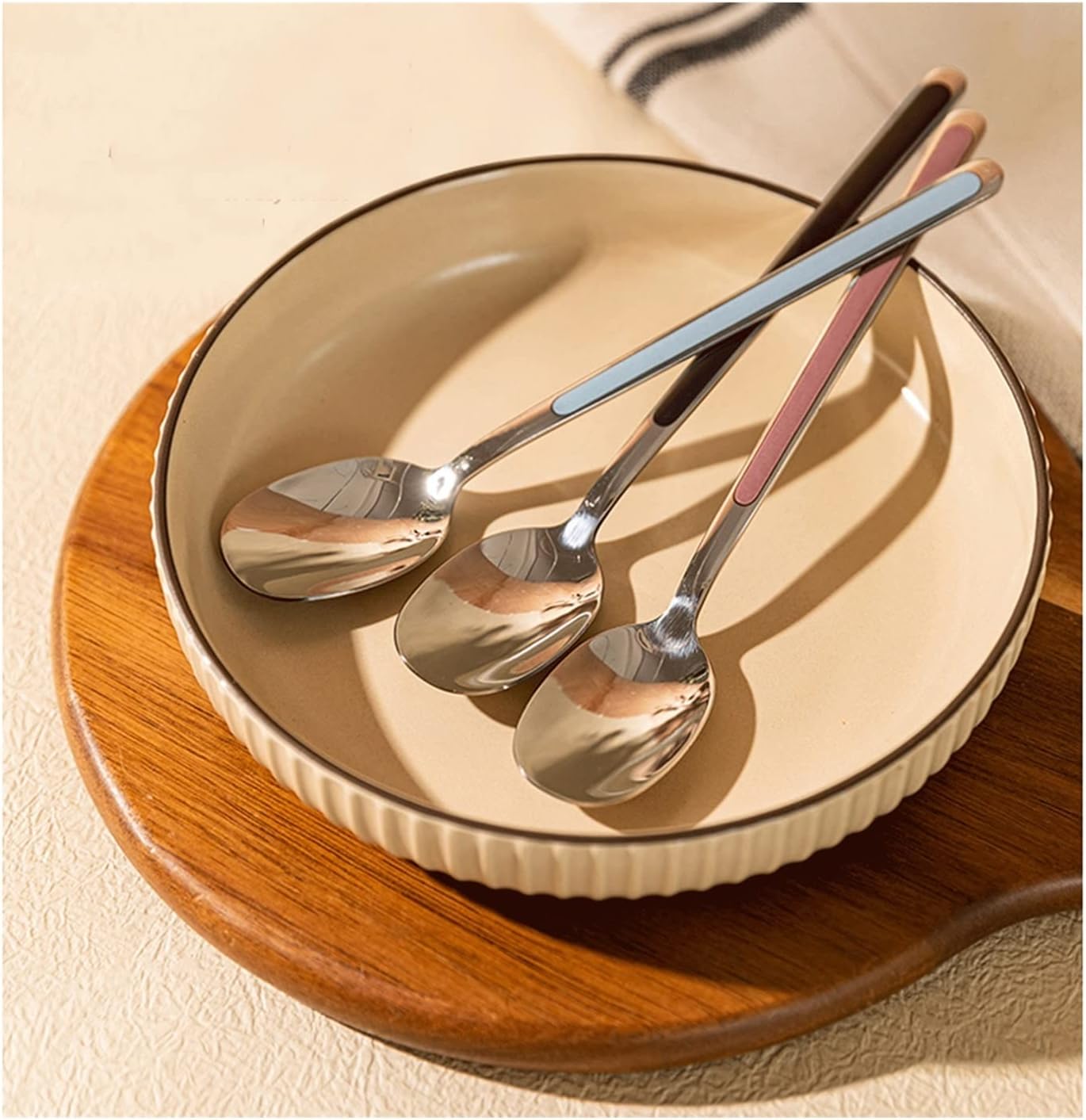 Dinner Spoon Stainless Steel Spoon Household Soup Spoon Long Handle Rice Spoon Delicate Bright Spoon Long-Handled Spoon (Color : Black) (Gray)