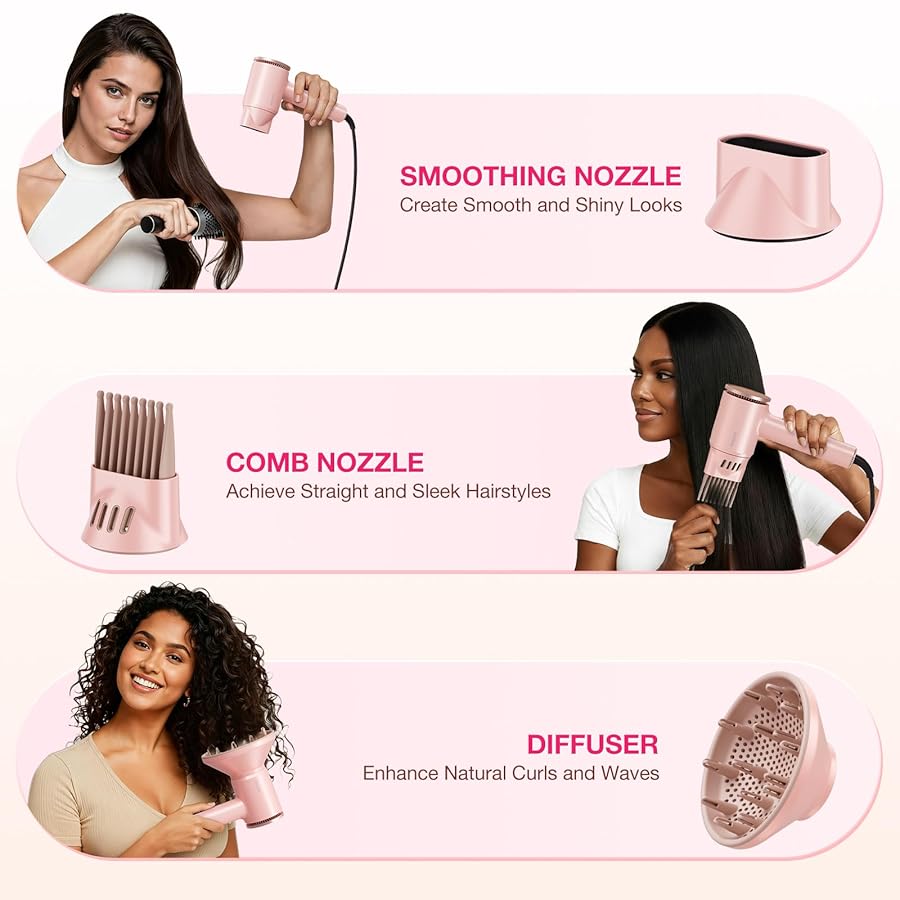 High-Speed Hair Dryer 1875W Ionic & Plasma, Blow Dryer with Diffuser & Comb Nozzle for Curly or Thick Hair, Compact 110000 RPM Fast Drying Lightweight Hair Dryer for Women with Concentrator, Pink - image 7