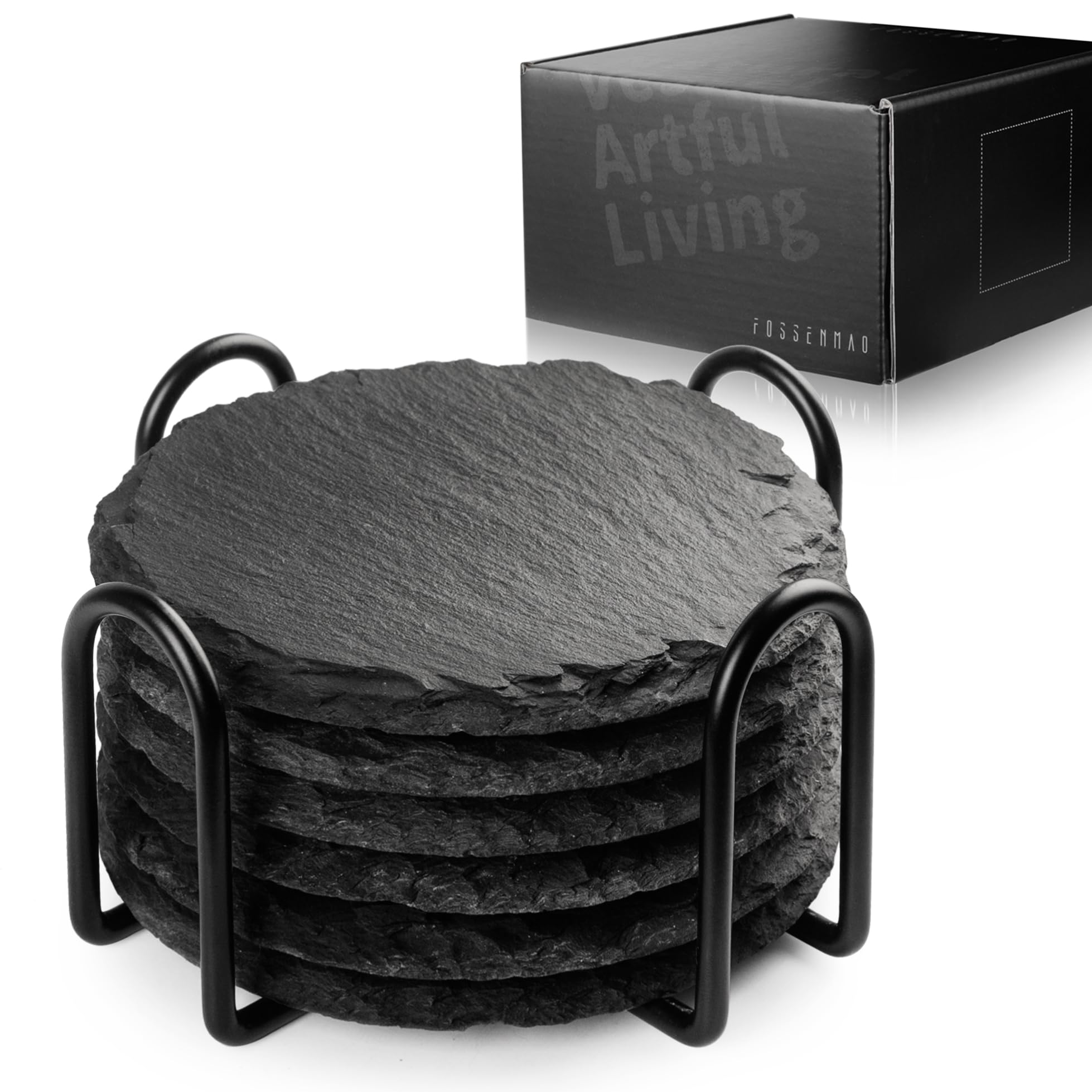 Slate Coasters Set of 6, Round Black Drink Coasters with Holder, DIY Engraving Coffee Table Drinks Coastersset, 4 Inch Stone Coaster for Housewarming Gifts (Round Black holder-6pieces)