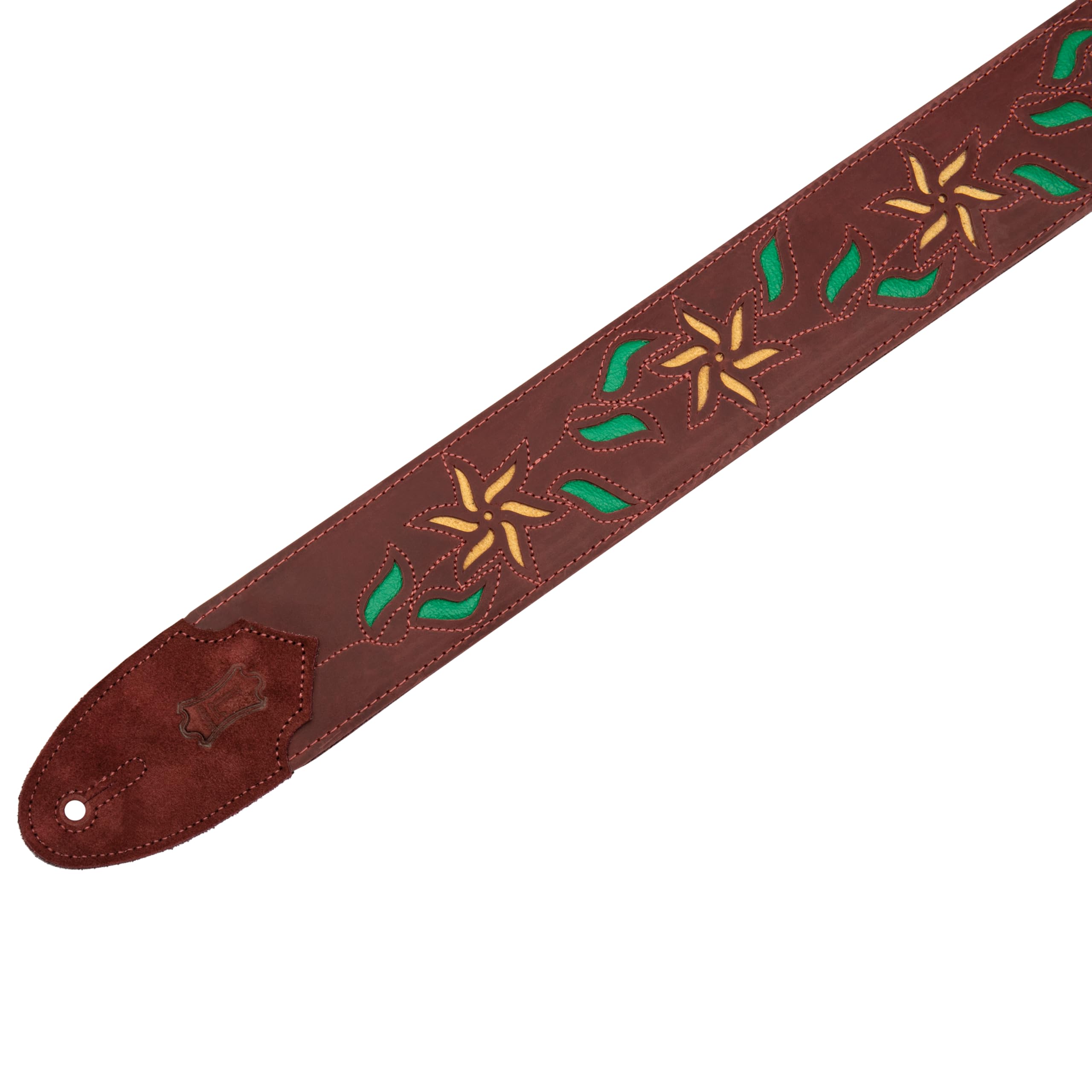Levy's, M4FV-BRG_TAN Tracolla in Pelle Flowering Vine Series Burgundy 2.5", Retro in Pelle, Lunghezza Regolabile da 47" (119.38 cm) a 54" (137.16 cm), Colore Burgundy con Fiore Tan