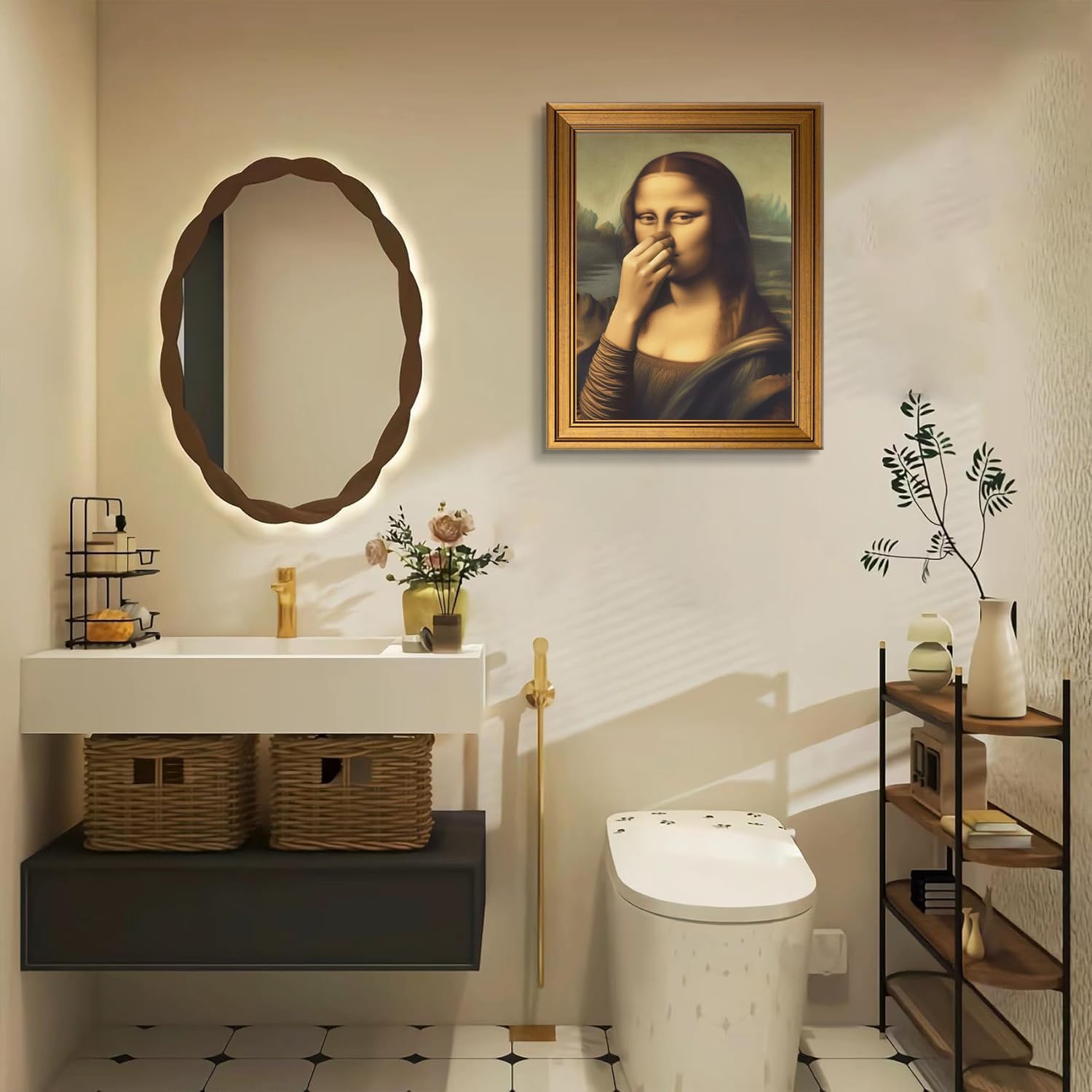 Vintage Gold Frame Mona Lisa Canvas Wall Art Funny Bathroom Mona Lisa Painting Pictures Wall Decor Humor Amusing Toilet Art Pinching Nose Poster Prints Artwork for ​bathroom Home Decor 16x24in