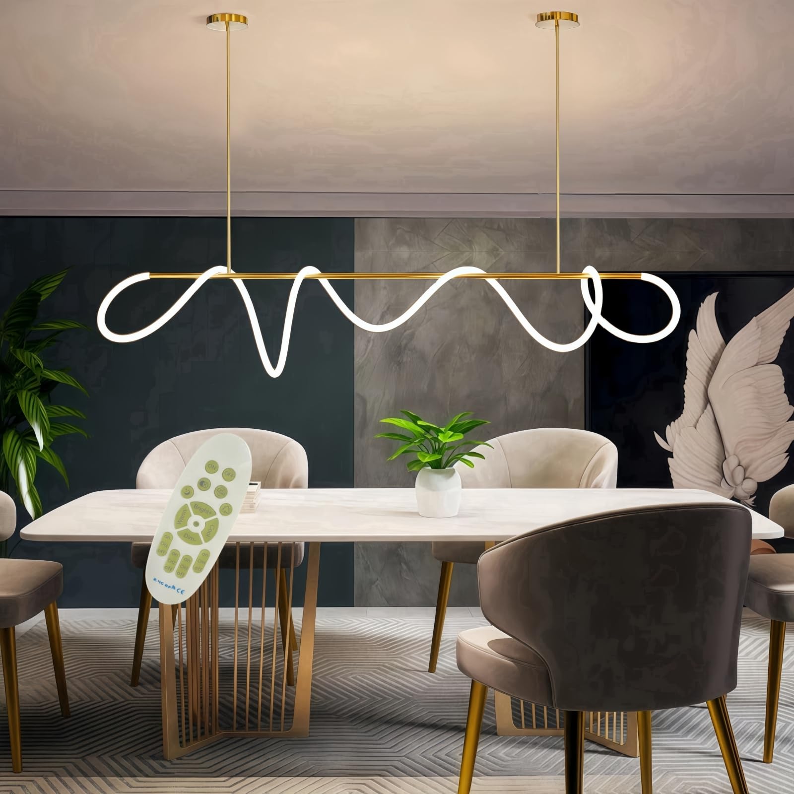 Jsz Pendelleuchte Esstisch, LED Pendelleuchte, Dimmbar Hängelampe Esszimmer 3000K-6500K, Linear DIY Hängeleuchte mit Fernbedienung, 21W Esszimmerlampe Höhenverstellbar Esstischlampe (Gold, 120CM)