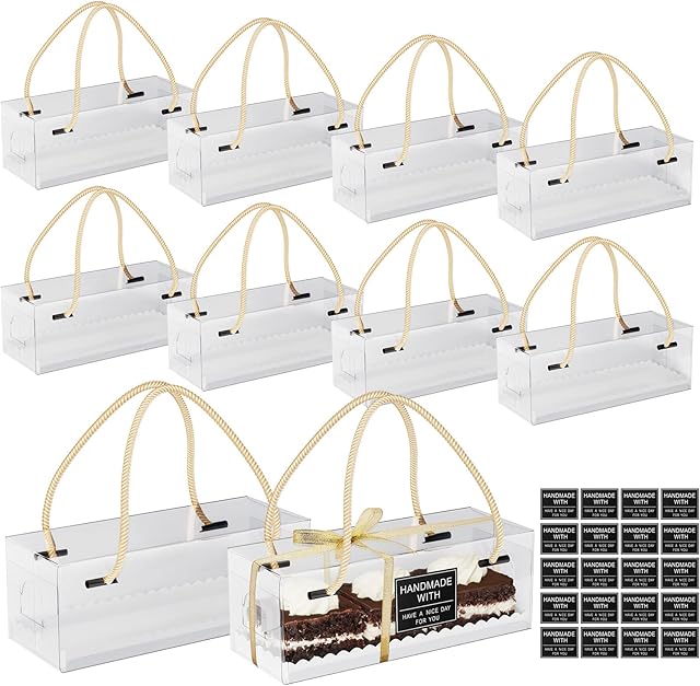 10 Pcs Clear Swiss Roll Cake Boxes Pastry Dessert Cookies Gift Boxes with Handle, Bakery Box Treat Boxes for Swiss Roll Muffin Pies Bakery Candy Wedding Party Favors (26*10*9.5cm)