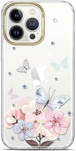 JAHOLAN Funda transparente para iPhone 15 Pro Max, diseño de flores de mariposa, protección a prueba de golpes, delgada, de poliuretano