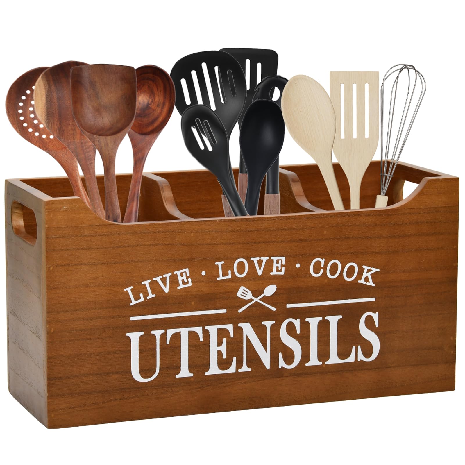 Karisky Kitchen Utensil Holder, Large 3 Compartments Wood Utensil ...