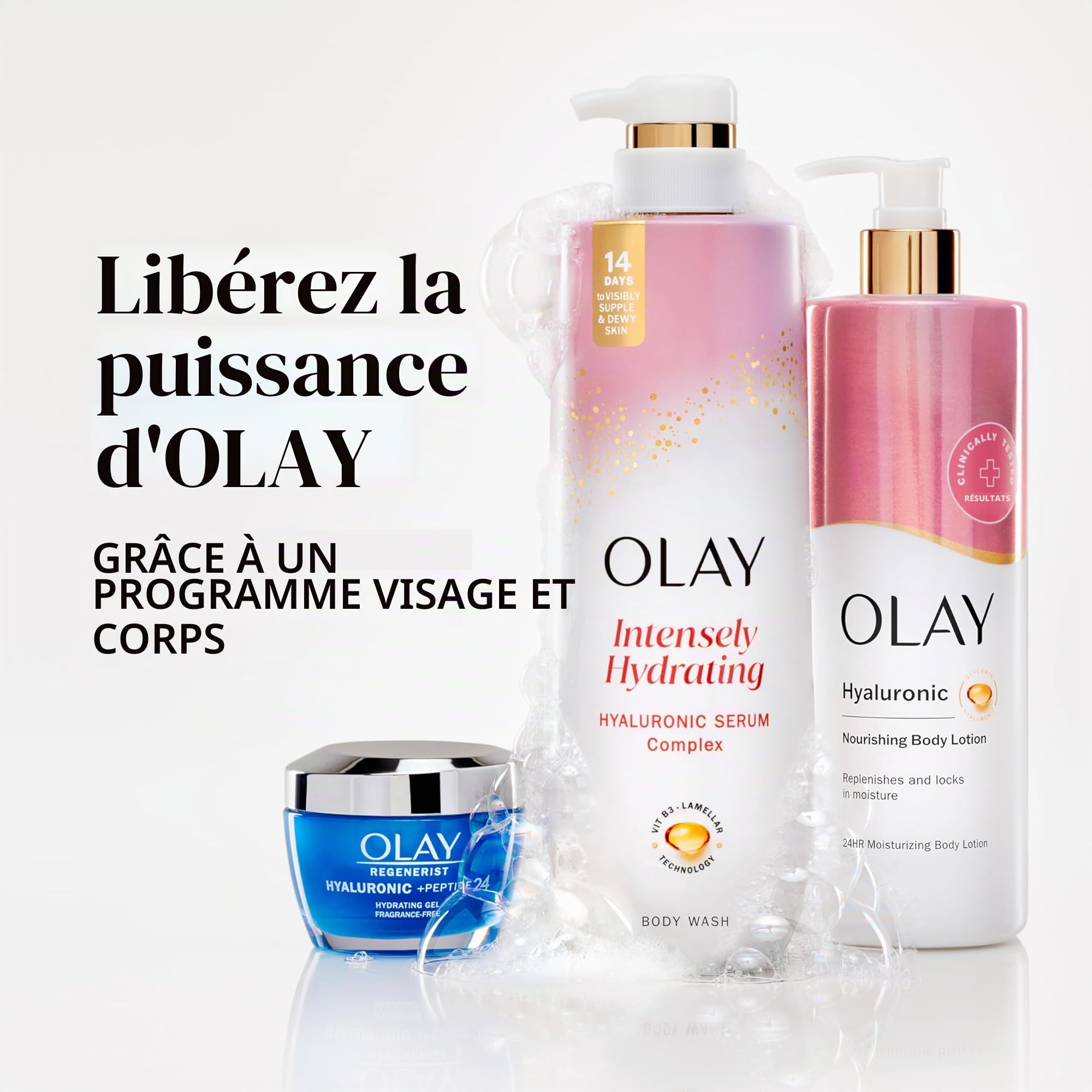 Olay Nettoyant pour le Corps pour Femmes, Intensément Hydratant, Complexe Sérum d'Acide Hyaluronique, Renouvelle l'Hydratation, Sans Parabènes et Phtalates, Technologie Vitamine B3 Lamelles, Pour Tous
