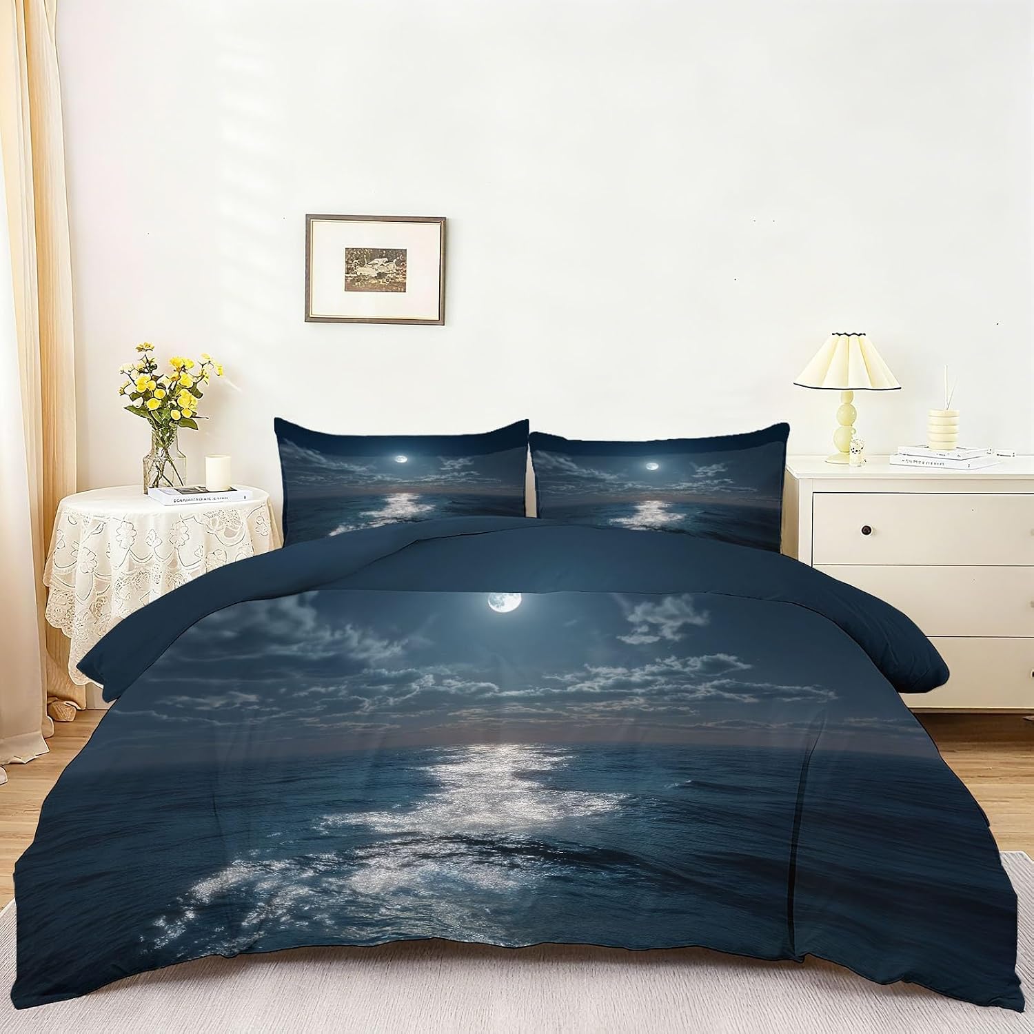 Reversible Duvet Cover Set Nature Ocean Night Scene Print Soft & Breathable Dark Gray Microfiber Comforter Cover Set for Kids Teens Room Decor, Twin Size Bedding Set with Zipper Closure & Ties