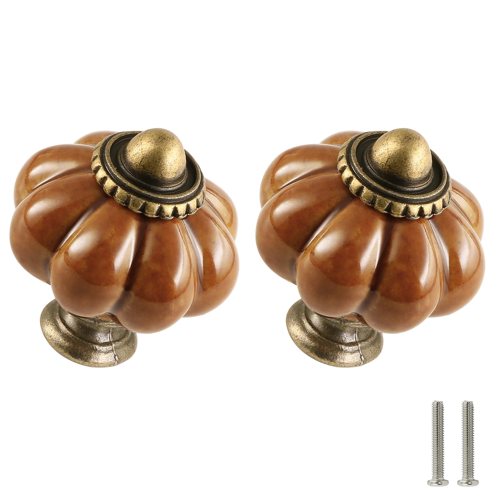 Zernmiarder Earthy Yellow Ceramic Pumpkin Cabinet Knobs 2 Pack - Retro Drawer Pulls with Screws for Cupboard, Wardrobe, Drawer, Door, Cabinets, Home Dressers — image 1