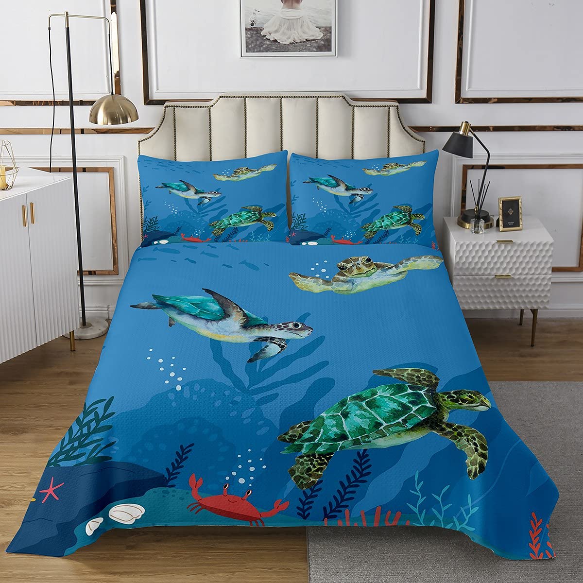 Coastal Bedding, trapunta per letto king size con 2 federe, set copriletto da spiaggia nautico con oceano blu stelle marine, copriletto estivo, 240 x 260 cm