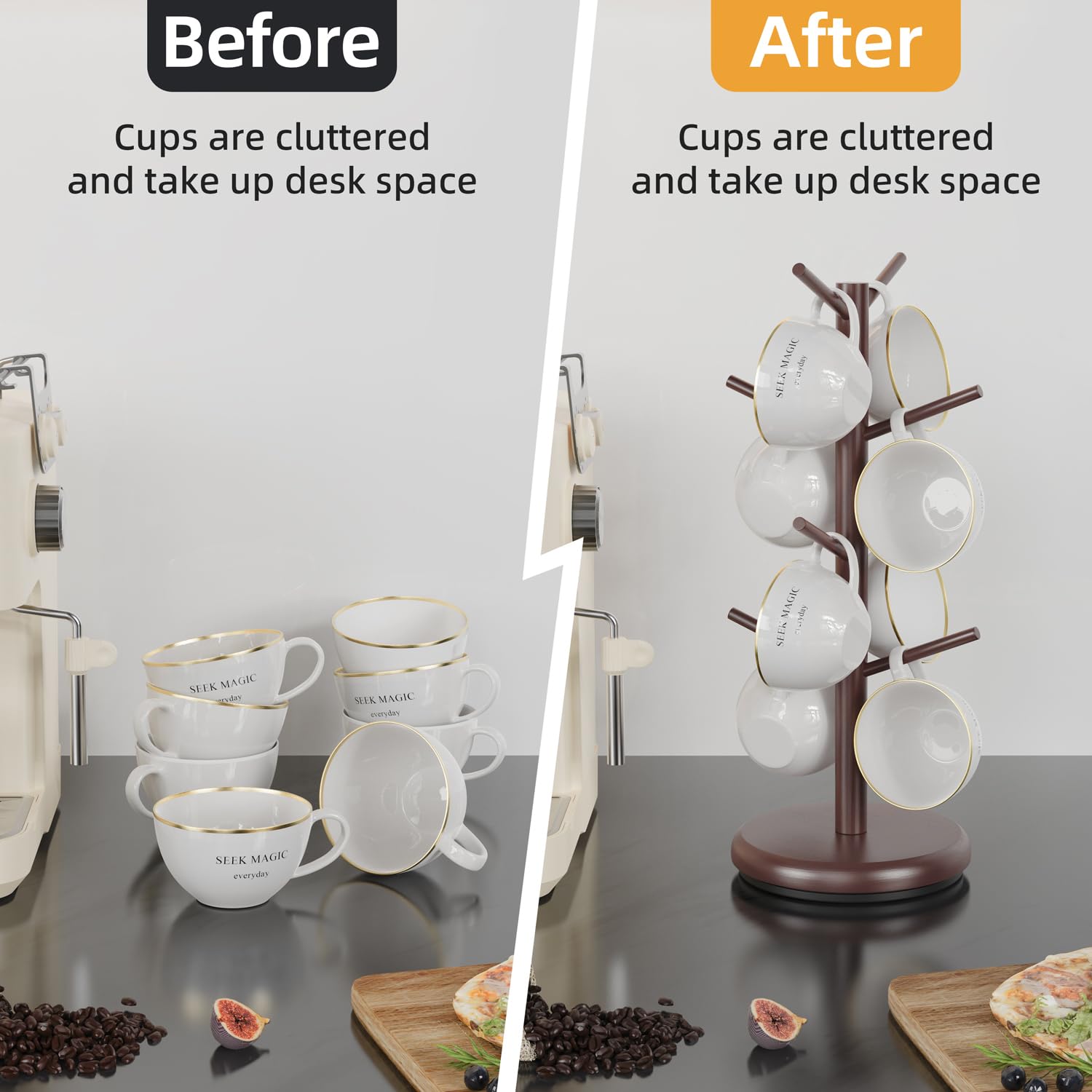 BAMBANG Bamboo Coffee Mug Tree, Rotating Coffee Cup Holder for Counter Top 8 Hooks, Mug Organizer, Display, Espresso - Image 2