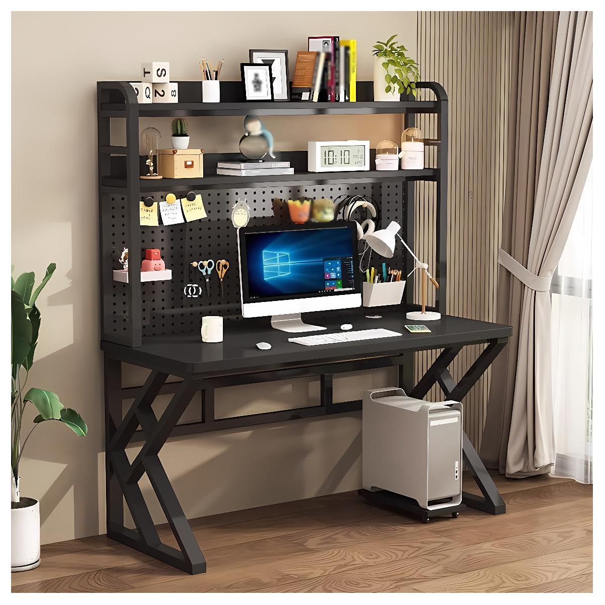 GFFQLXHT 47in Gaming Desk with Bookshelf Combo, Computer Desk with Pegboard, Large Writing Table with Desktop Shelves, Ample Leg Room, for Home Office