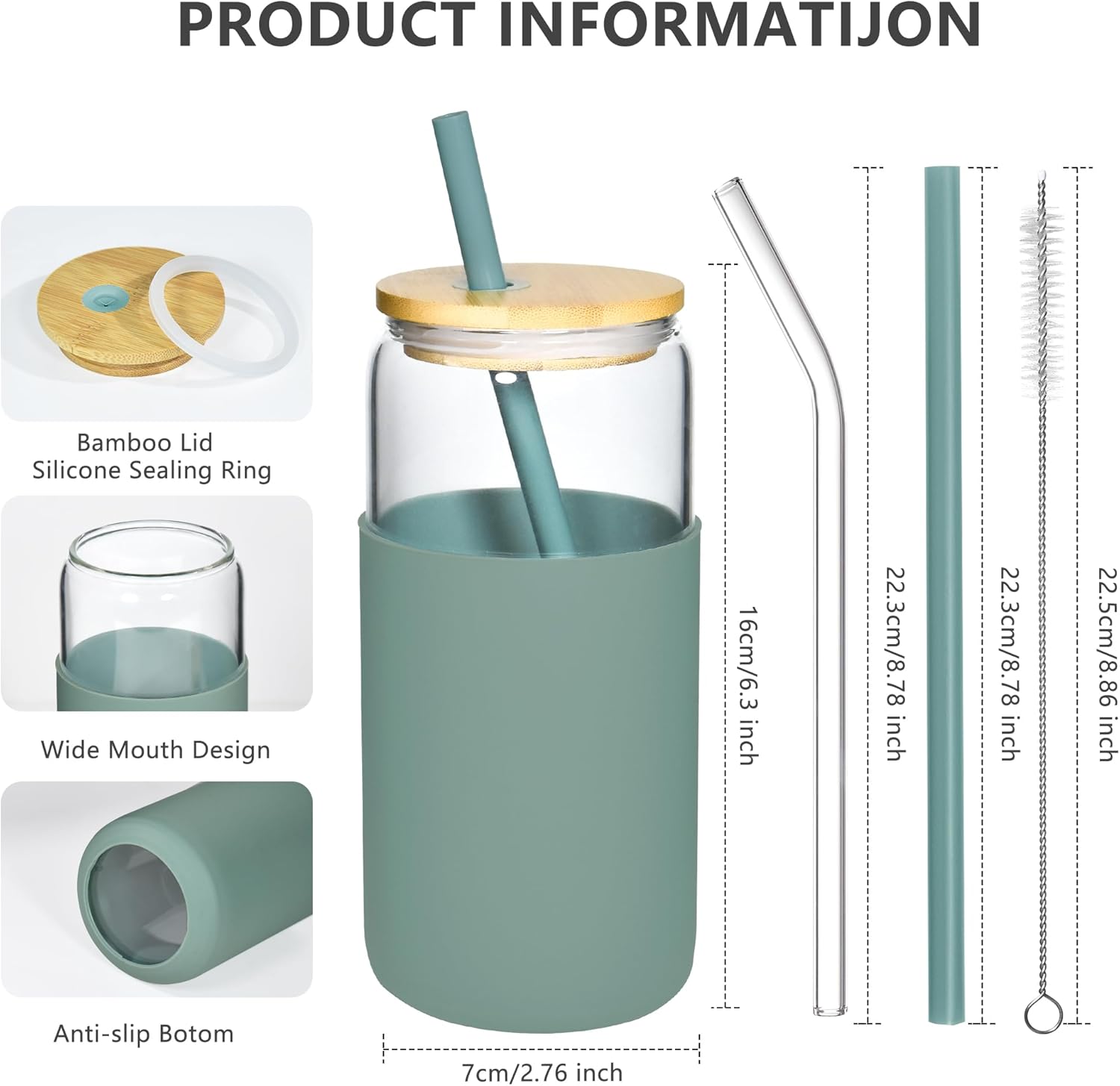 20 oz Glass Cups with Lids and Straws Iced Coffee Glasses with Silicone Protective Sleeve Drinking Glasses Set of 4 for Juice Beer Soda(Green*4) - Image 4