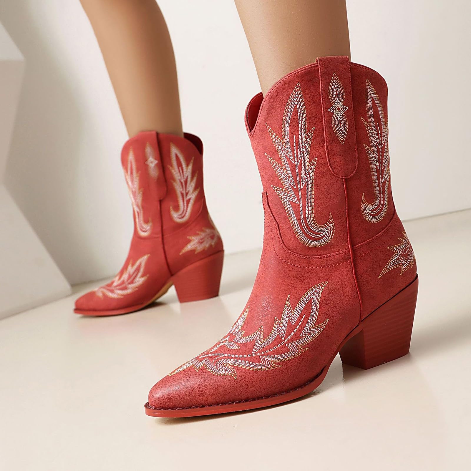 Stivali da cowboy da donna, vestibilità larga, con tacco medio grosso, punta a punta, stivali da cowgirl con ricamo occidentale stile country, stivali da donna classici in pelle PU, calzature