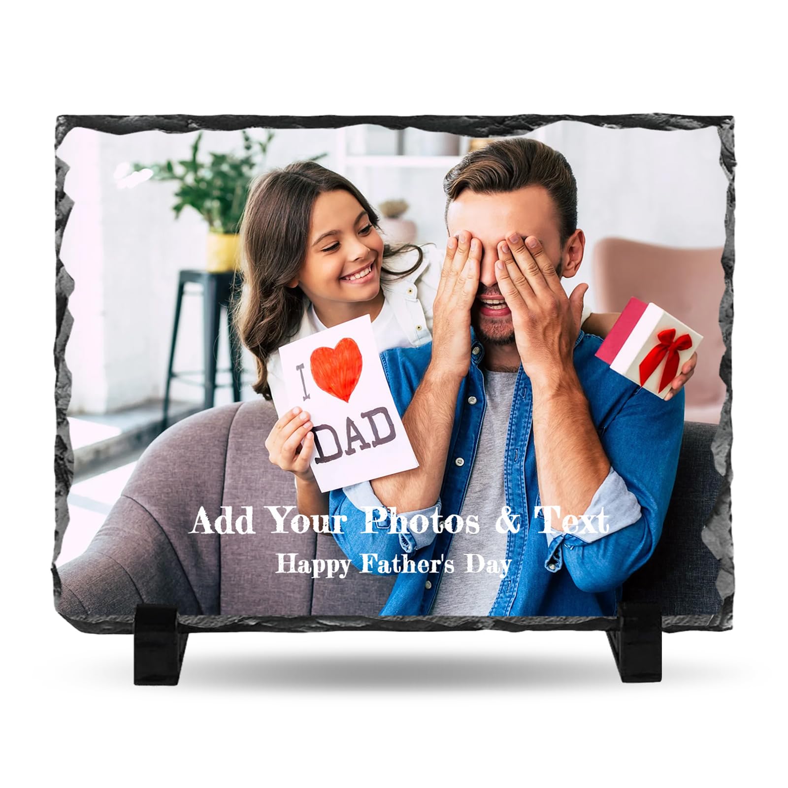 Overket Rectangle Personalised Photo Slate Plaque Frame With Photo & Text, Customised Rock Slate Pictures Gift For Dad Grandad Husband– Personalised Keepsake Gifts Idea For Father's Day(Rectangle)