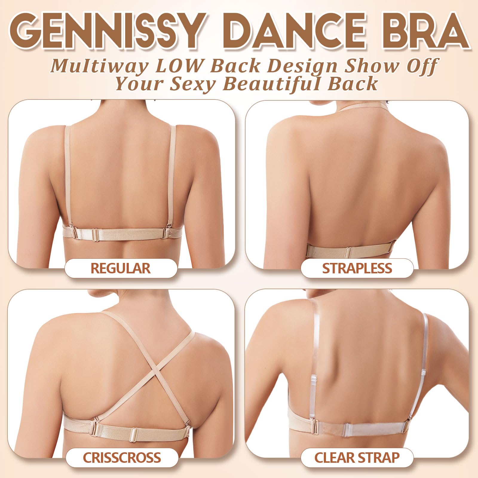Soutien-gorge de danse pour fille - Soutien-gorge élastique sans couture sans fil avec 2 paires de bretelles transparentes réglables et interchangeables et couvertures en silicone