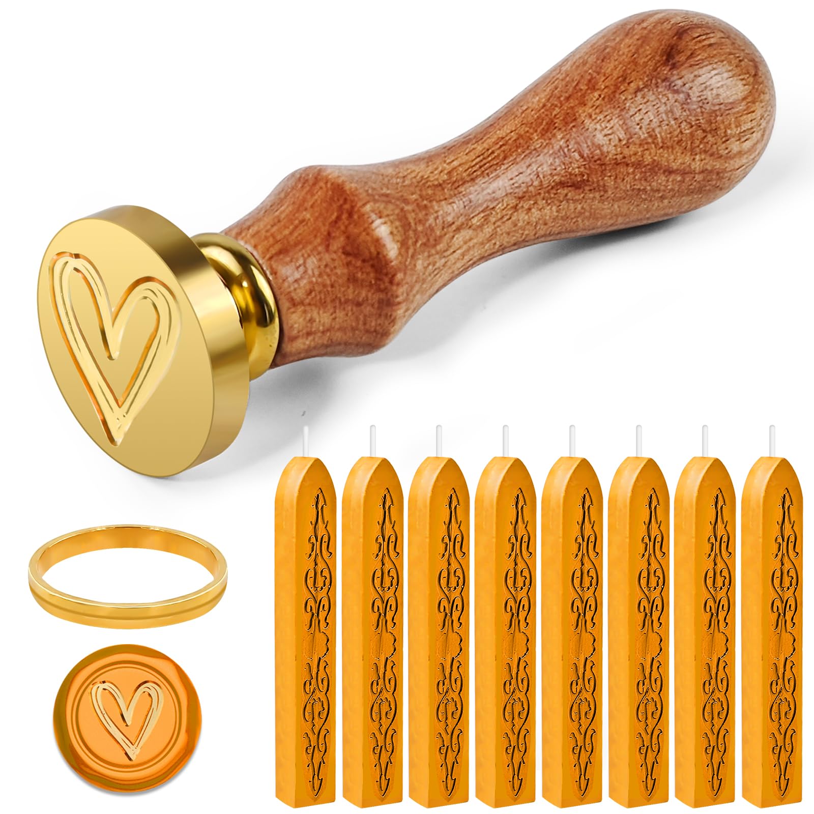 8Pcs Gold Sealing Wax Sticks, Wax Seal Stick with Wicks, Wax Seal Stamp Kit with Heart Stamp, Metal Molds for Wedding, Envelopes, Gift Packages