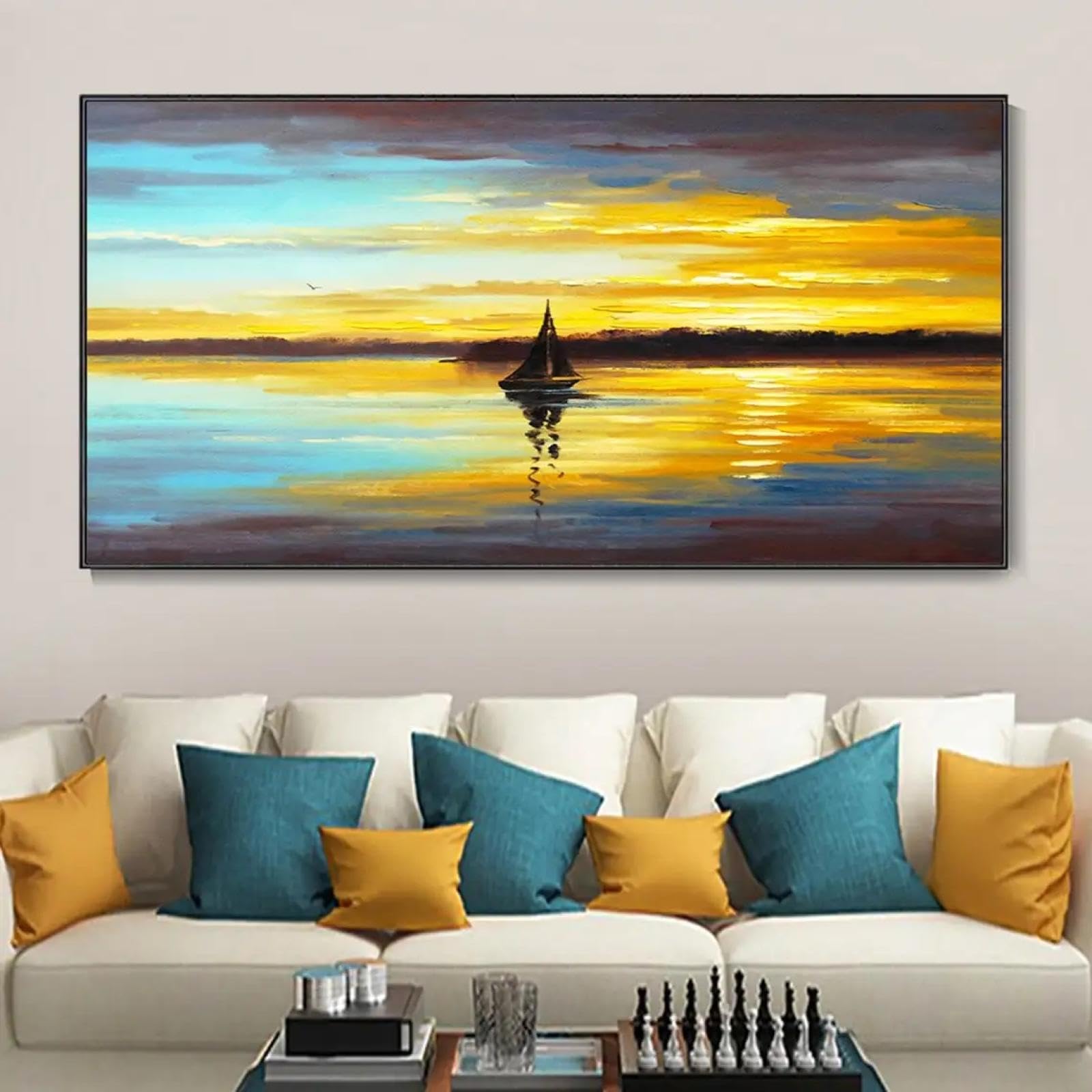 Arte Murale 50x100cm Barca A Vela Alba Tramonto - Dipinto Strutturato Onde Mare Blu 50x100 Cm | Decorazione Murale Per Soggiorno Quadro Su Tela - 8