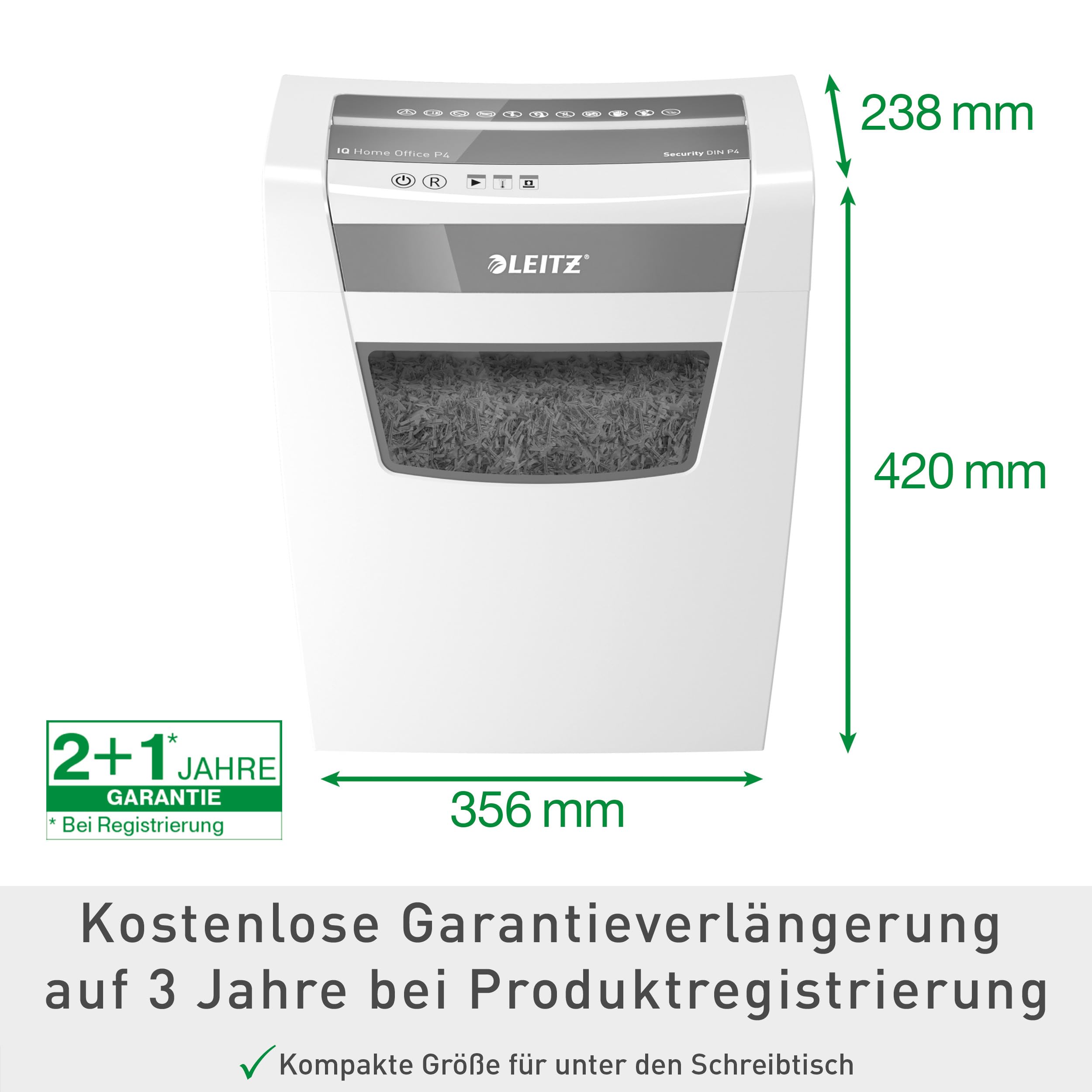 Leitz IQ Aktenvernichter Home Office, 12-10 Blatt (70-80 g/m²), TÜV+GS zertifiziert, Partikelschnitt, Sicherheitsstufe P4, Die Nummer 1 am Markt, 23L Behälter, Schredder für Büro, Weiß, 80090000