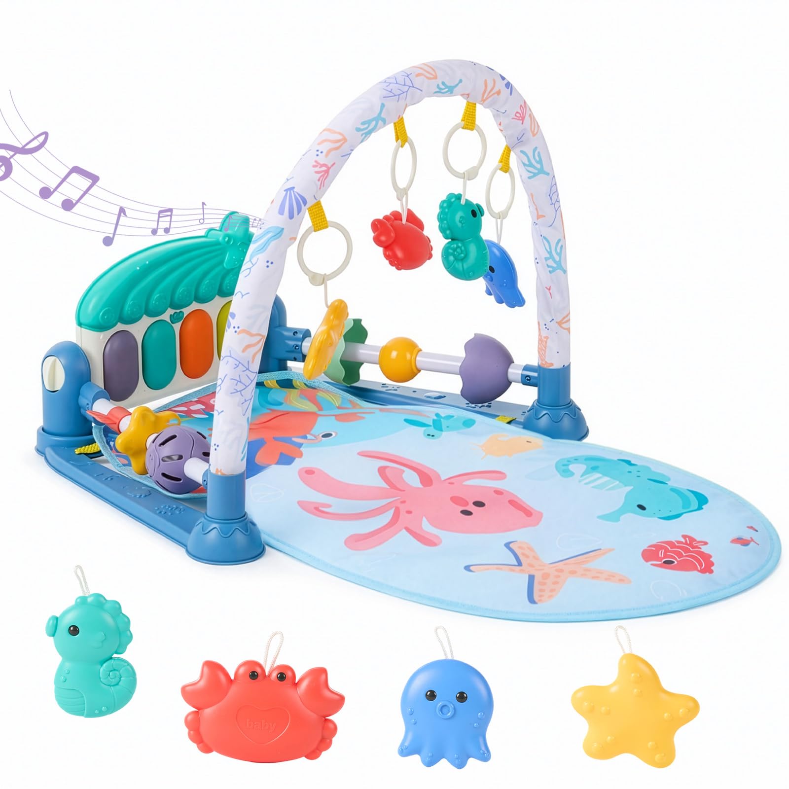 LN COZY CORNER Baby Play Mat Gym, 6-Mode Activity Mat with Kick-Activated Piano & Lights, with 5 Infant Sensory Baby Toys Extra Guardrail, Tummy Time Mat for Newborn Infants 0-12 Months (Blue) — view 11