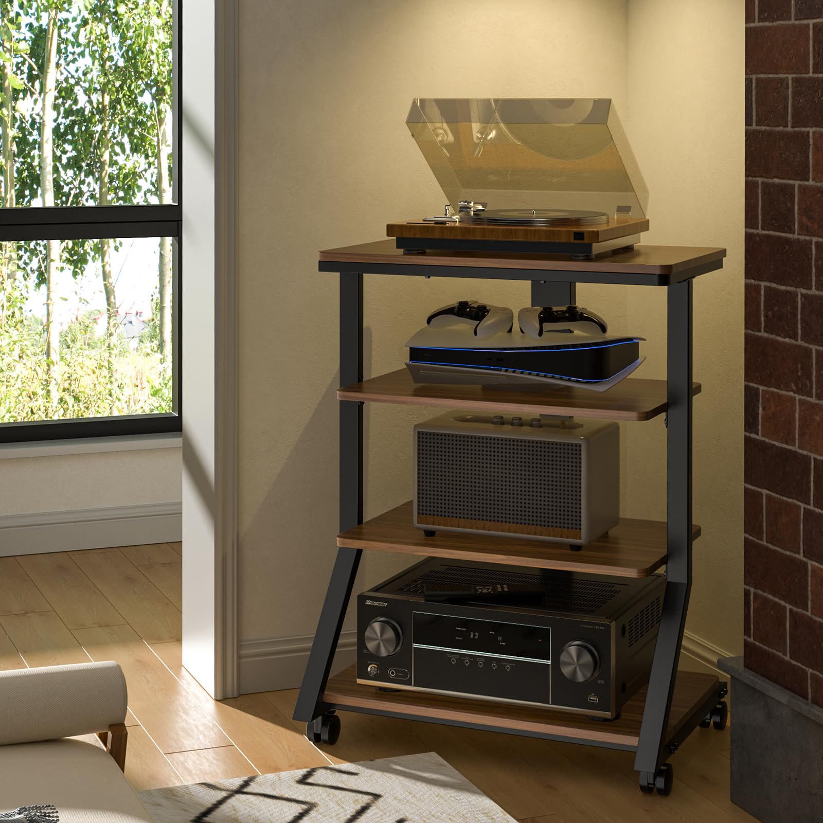 5Rcom Rack e supporti HiFi Audio Rack Armadio AV Mensola Movimento Stand 4 Ripiani in legno per Giradischi Lettore DVD Unità di intrattenimento Multifunzionale Altezza Regolabile Capacità di carico 54