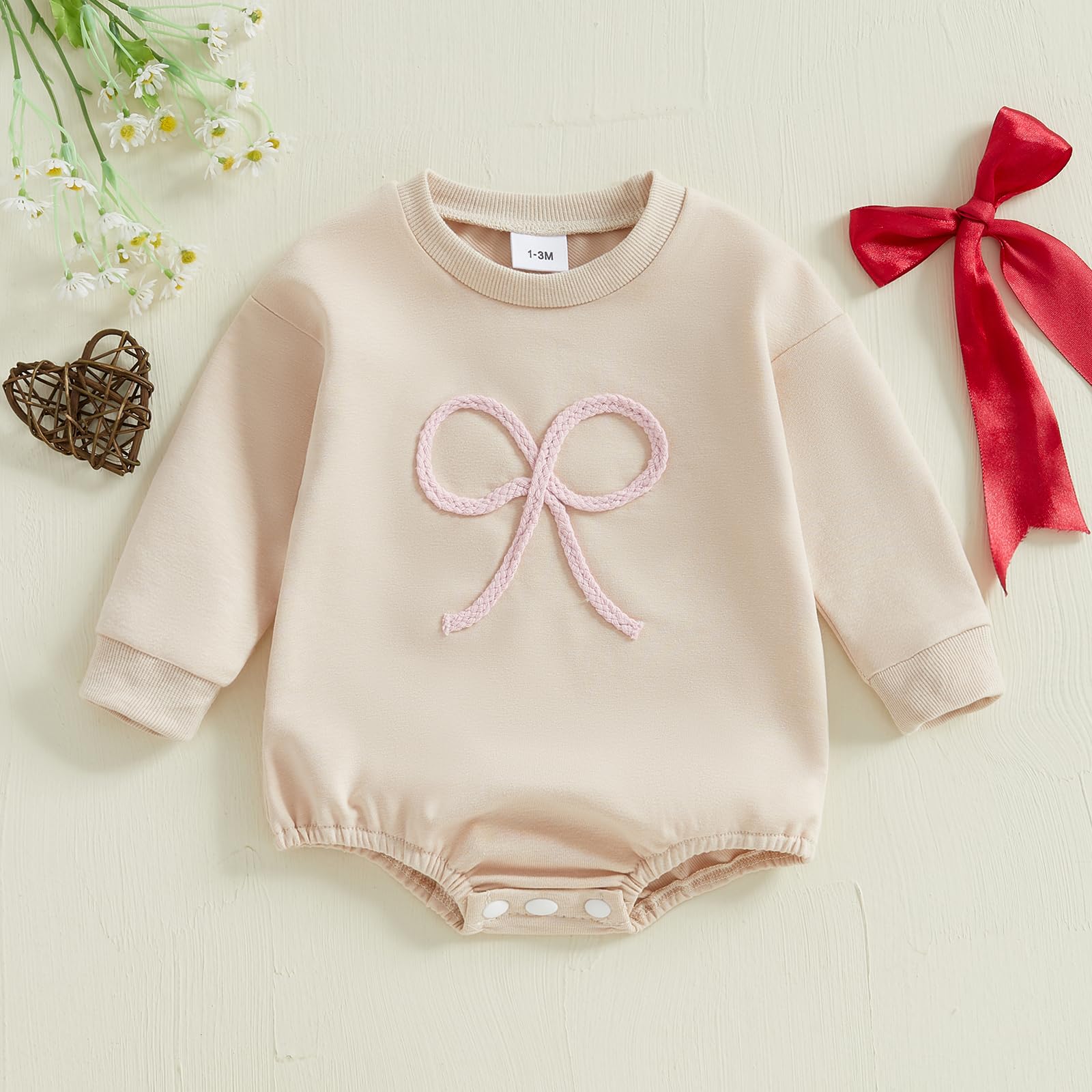 KtwHarnu Newborn Baby Girl Fall Outfit Bow Oversized Bubble Sweatshirt Romper Long Sleeve Sweater Bodysuit One-Piece Jumpsuit (BB-Apricot, 3-6 Months)