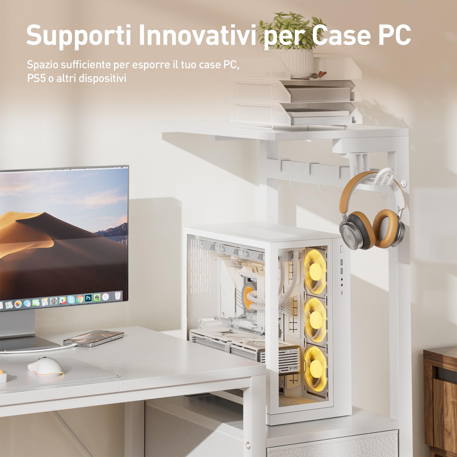 SOLAVERO Scrivania Gaming con LED e Presa, 112cm Scrivania Computer Reversibile con Ripiani & Cassetti in Tessuto, Tavolo Gamer con Supporto per Monitor e Gancio per Cuffie, Bianco