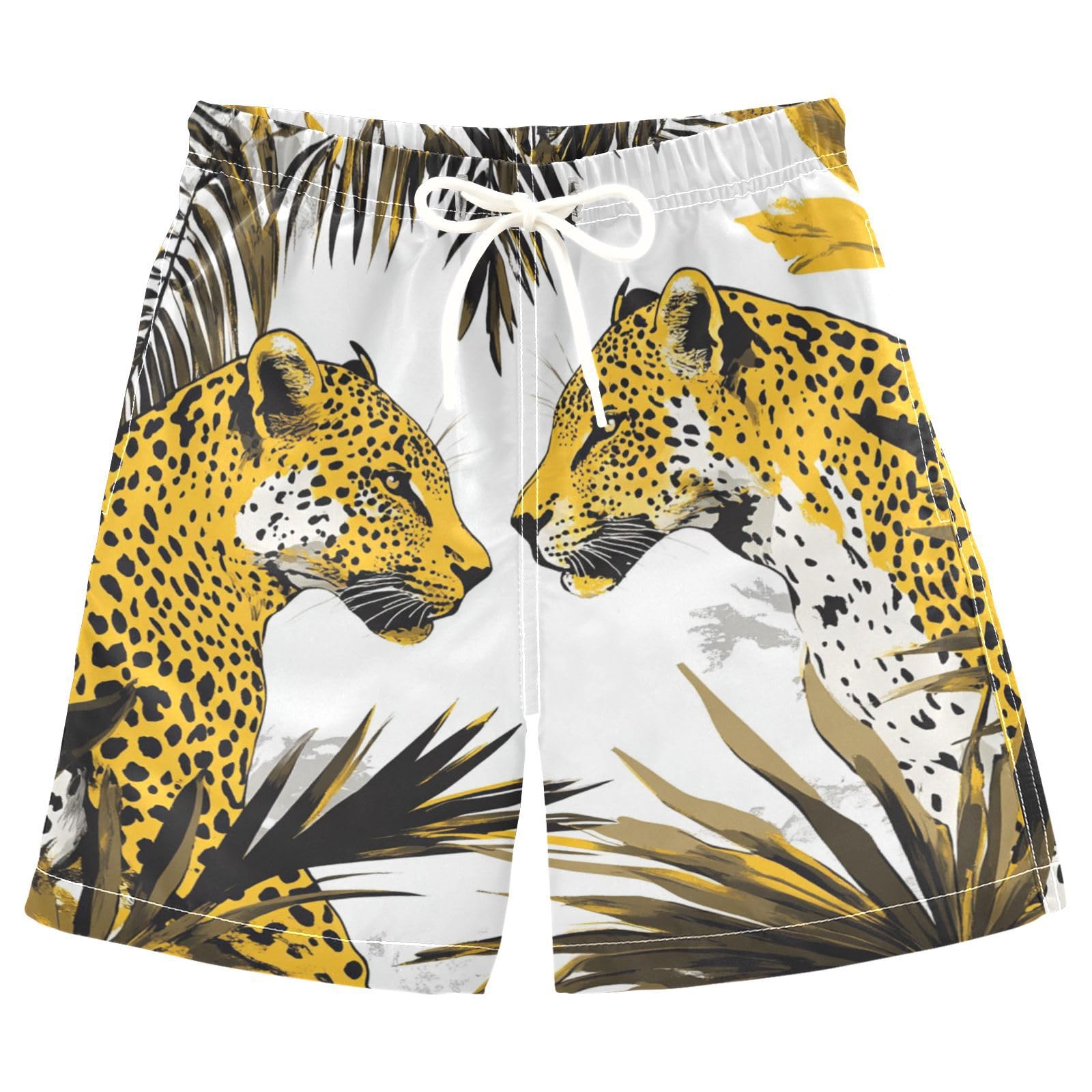 Jucciaco Boys Beach Board Shorts Leopard Animal White Swim Trunk Teen Swimwear