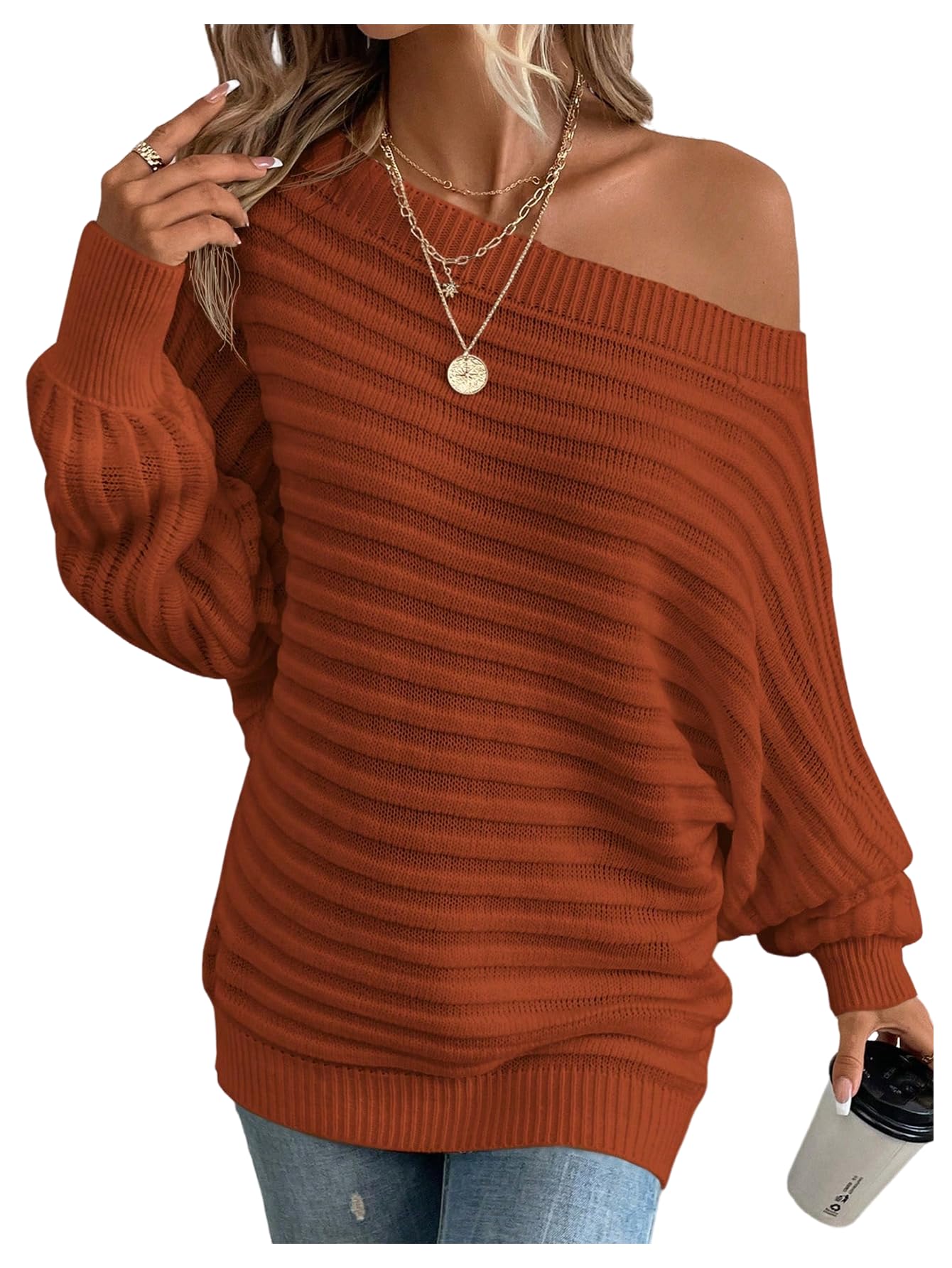 Womens Plus Size Off The Shoulder Sweater Long Sleeve Knitted Fall Casual Pullover Tops