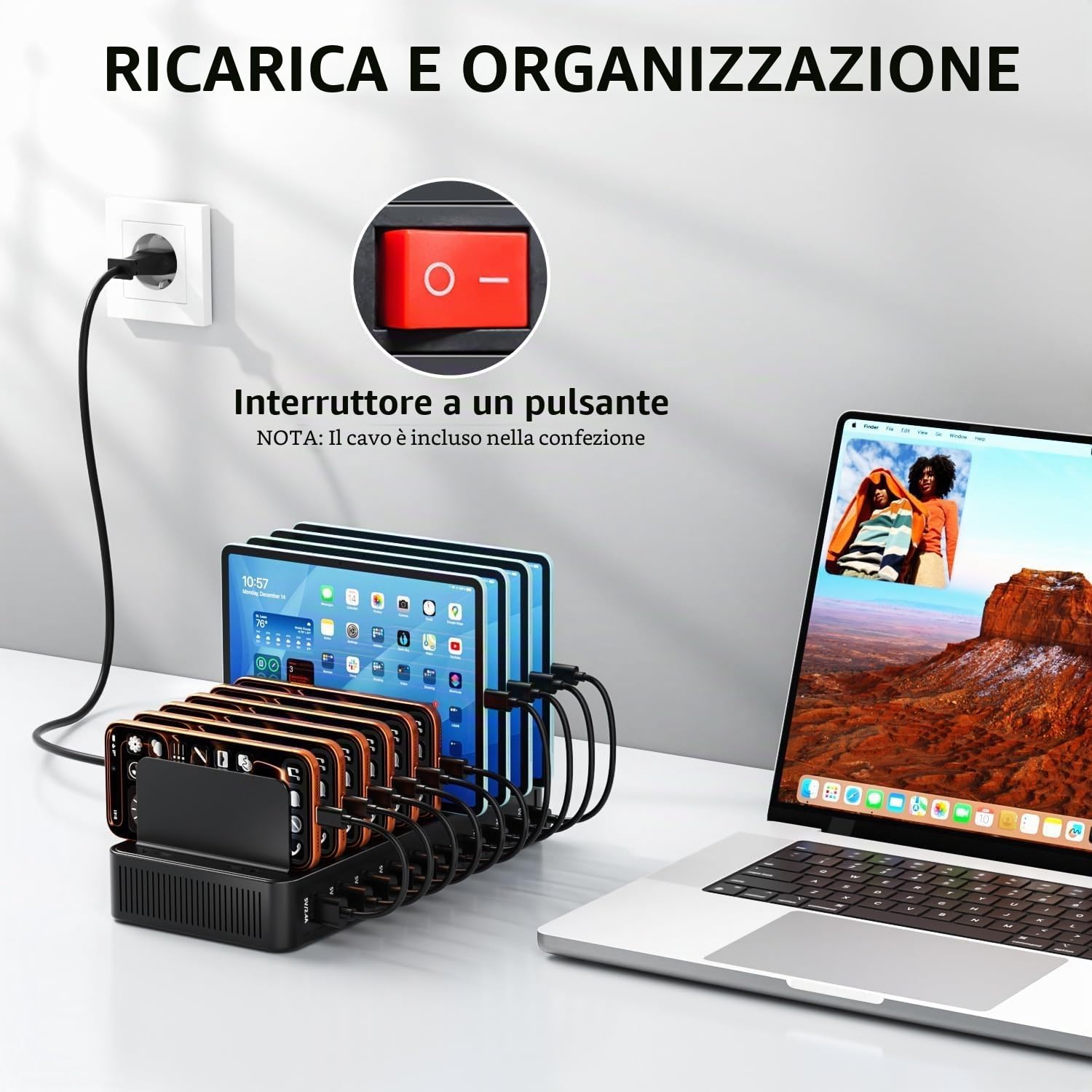 Stazione di ricarica USB-C da 100 W con 10 porte, caricatore per dispositivi multipiattaforma, splitter regolabile rimovibile, 5 USB-A + 5 USB-C, compatibile iPhone/Samsung/Google/Tablet