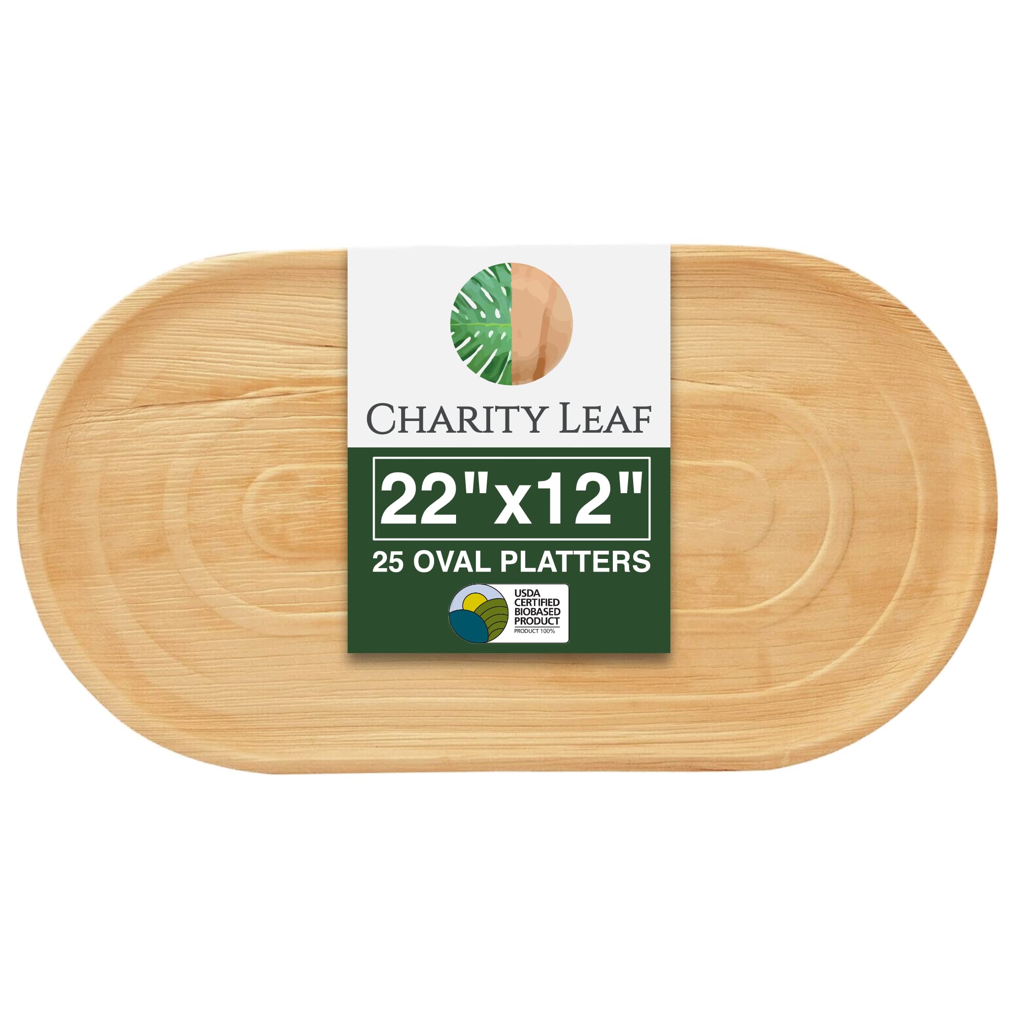 Charity Leaf Jednorazowe tacki z liści palmowych 56 x 30 cm (25 sztuk) bambusowe talerze do serwowania, jednorazowe deski, ekologiczna zastawa stołowa na wesela, catering, imprezy