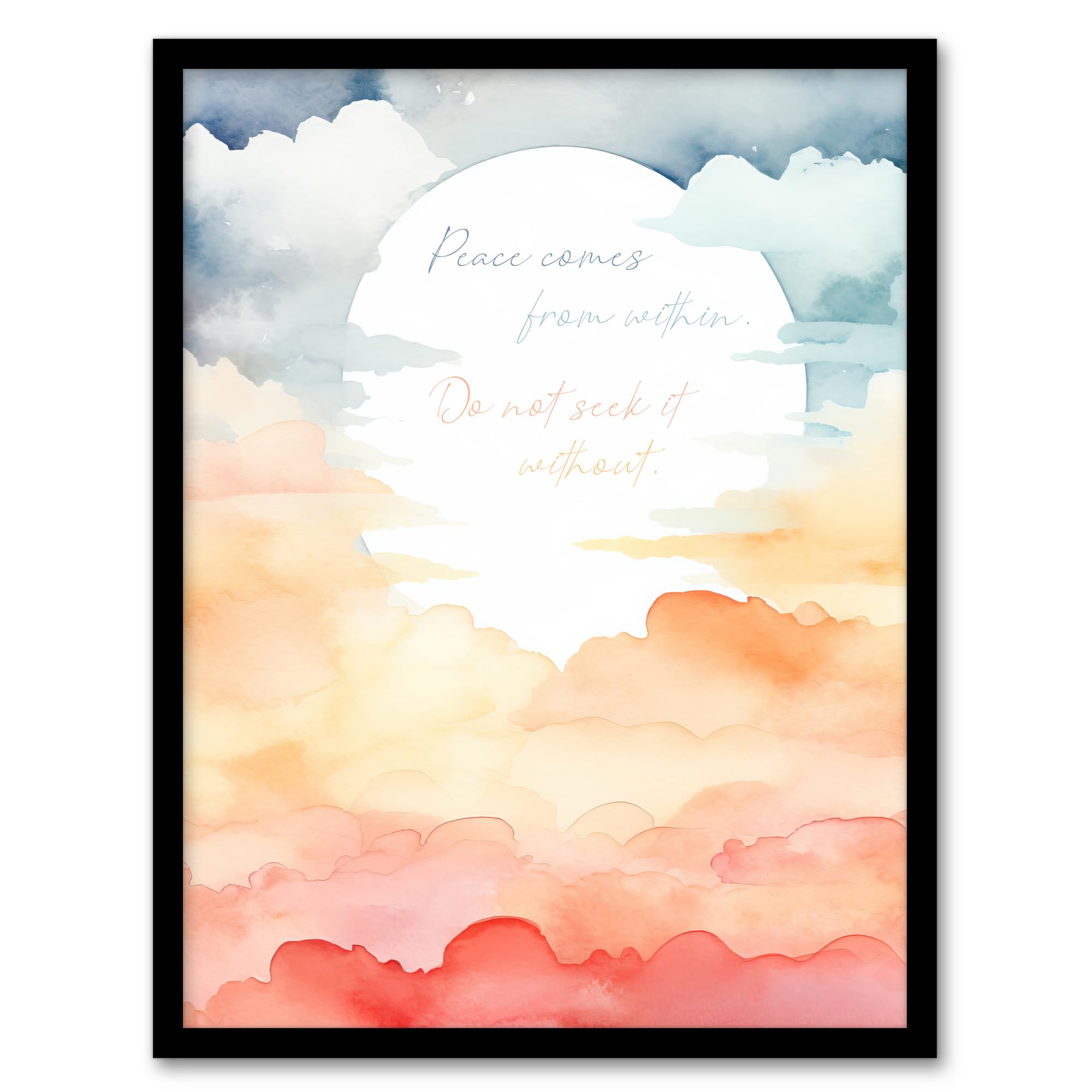 Artery8 Peace Comes From Within Buddhist Mindfulness Quote Watercolour Sun Through Clouds Buddha Meditation Enlightenment Vihara Artwork Framed Wall Art Print A4