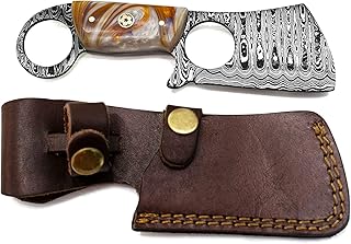 Titan International Knives Damascus Steel Mini Cleaver Fixed Blade Pocket Knife Acrylic Handle for Kitchen & Outdoors - Titan International Knives