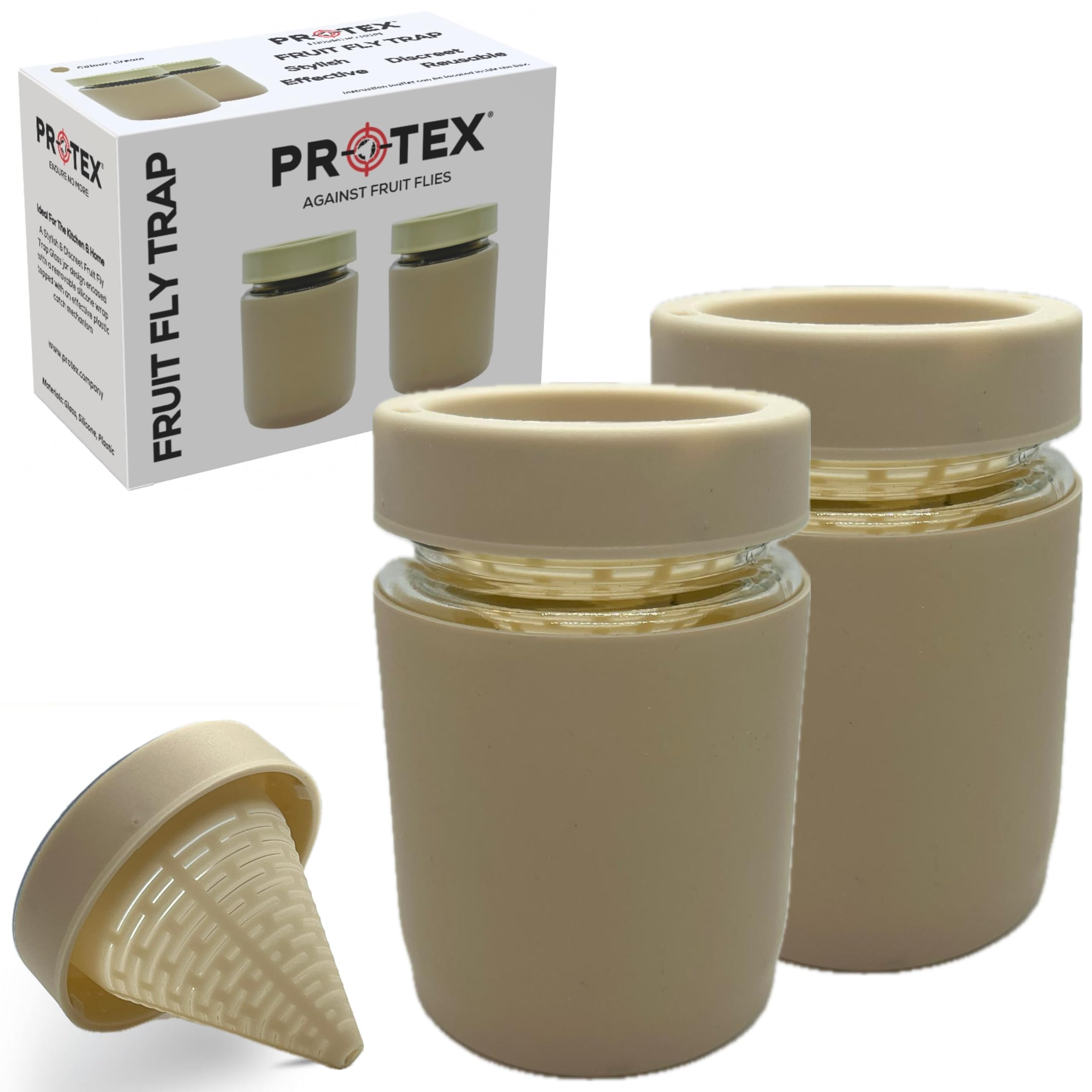 PR0TEX Fruit Fly Trap (2 Pack). Stylish & Discreet, Reusable Highly Effective Fruit Fly Trap, Ideal for Home & Kitchen, Glass Design Fruit Fly Catcher. Elegant Solution to Remove Fruit Flies. (Cream)