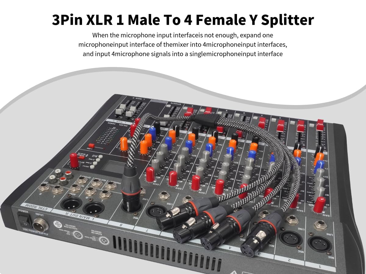 3-poliges XLR-Y-Splitterkabel (1 Stecker auf 4 Buchsen, 60 cm) – Zinklegierung & sauerstofffreies Kupfer, EMI-Abschirmung für Mixer, Mikrofon, Studio & Live-Sound