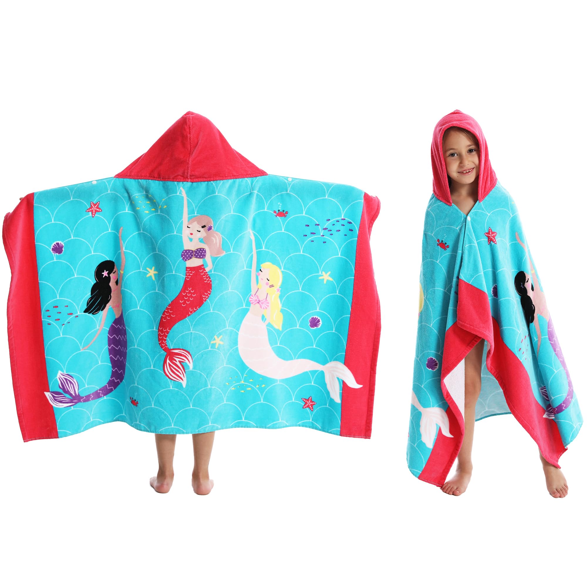 Kids Hooded Beach Bath Towel, Baby Surf Poncho Toddlers Soft Real Cotton Wrap Hooded Towels for Kids Boy Girl