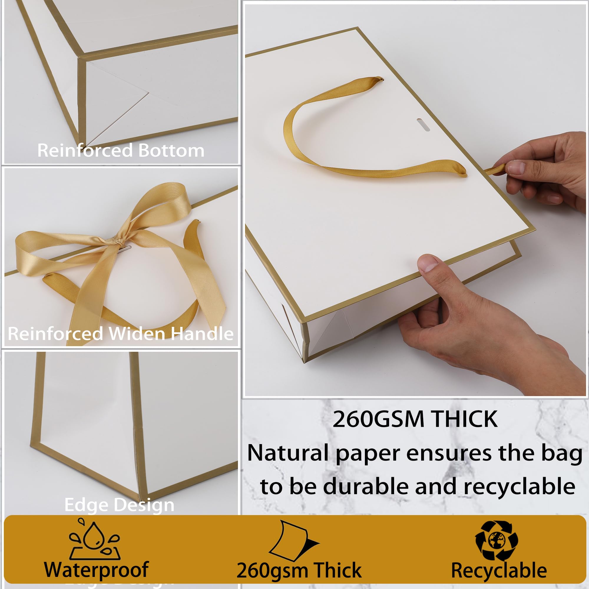 STOBOCTER Papierowe torby na prezenty z uchwytami, 30 x 10 x 22 cm, z wstążką z kokardką, na ślub, dla druhny, drużby, ukończenia szkoły, parapetówki, przyjęcie urodzinowe, białe, złote, 25 szt