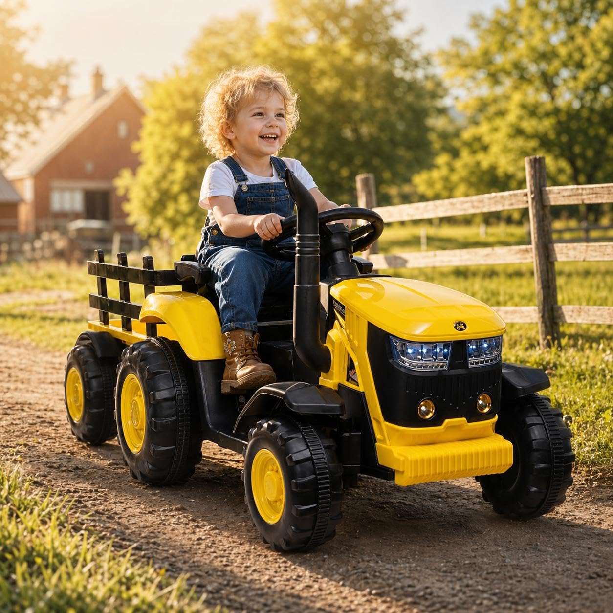 Ride on Tractor with Detachable Trailer, 12v Kid‘s Electric Vehicles with MP3 Function, 7-LED Headlight, Remote Control, Ride on Car Gifts with EVA Tires, Horn, 2x35W Motors for Kids 3+, Yellow