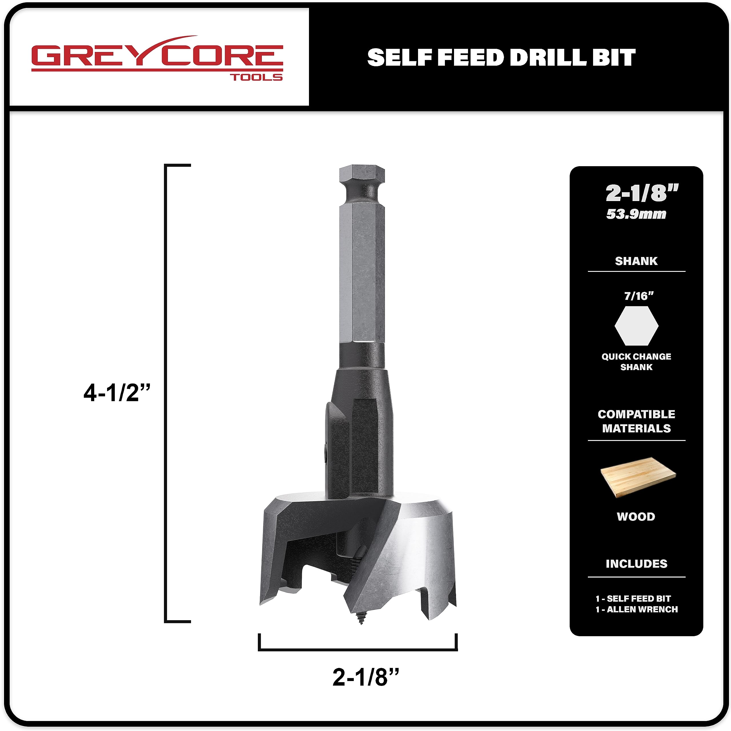 Greycore Tools Self-Feed Drill Bit – Single-Cutter Self Feed Drill 2-1/8 Inch – Professional Boring Drill Bits for Woodworking – Aggressive Feed Screw Thread for Fast and Smooth Drilling — Amazon image 2