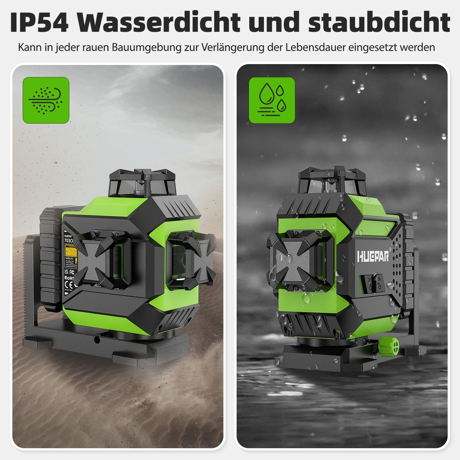 Huepar 3 x 360 Kreuzlinienlaser Selbstnivellierend, Laserwasserwaage grün 3D mit Pulsmodus, 12 laserliner mit wiederaufladbarem, integrierter Magnethalterung und Hartschalenkoffer 703CG