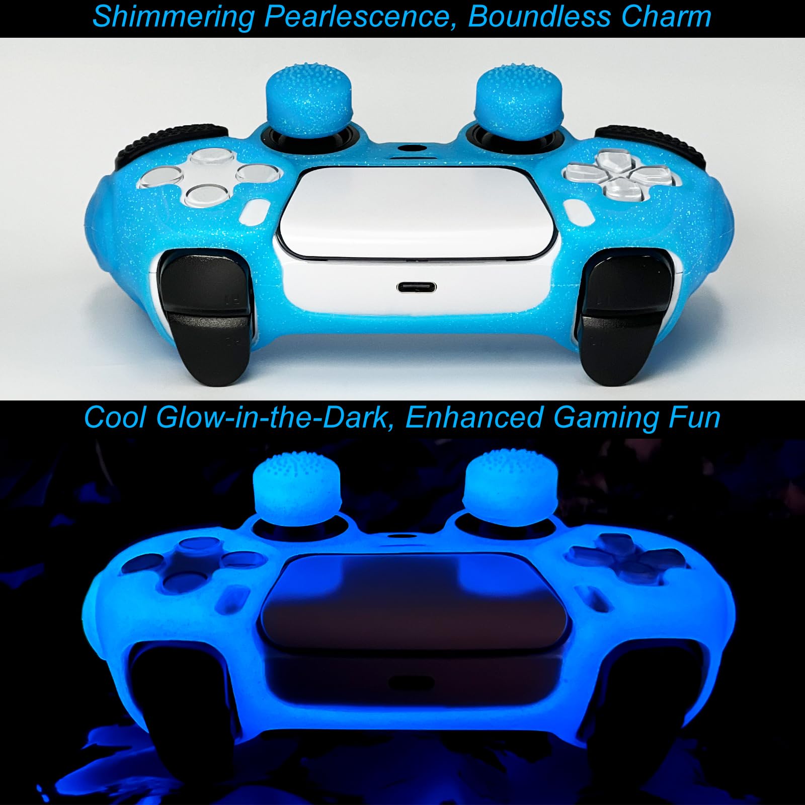 Glow in The Dark PS5 Controller Skin, Glitter Blau Anti-Slip Soft Thicked Spiked Silicone Cover Skins Kompatibel mit PS5 Controller, inklusive 8 PCS Glitter Glow Thumb Grips und 2 Grips Caps.