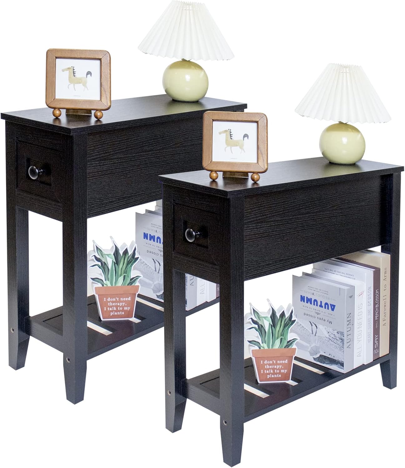 LUSUOWLZ Narrow End Table, Black Side Table with Drawer