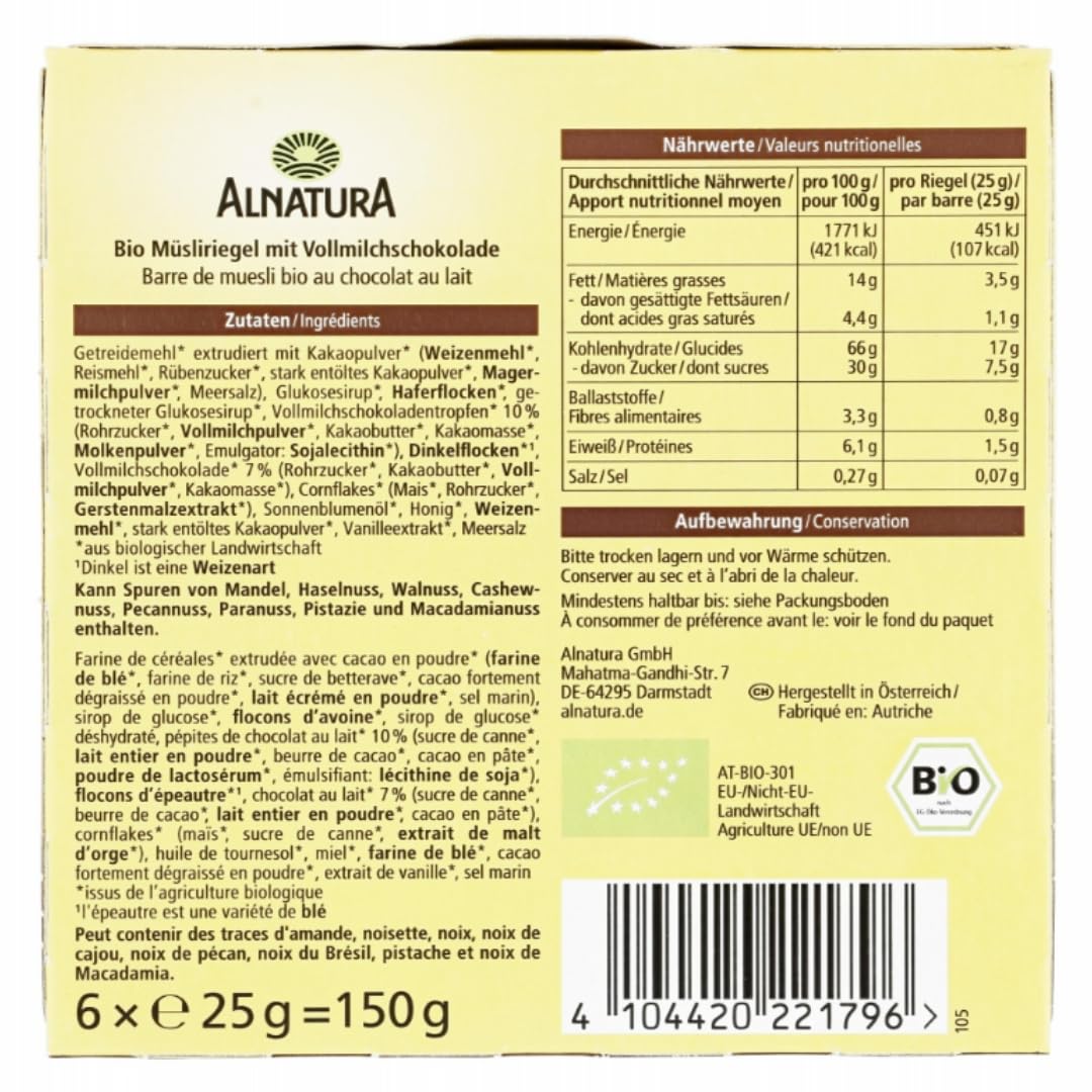 Alnatura Müsli Riegel Schoko (6er Pack) Müsliriegeln 150 Gramm x 10 PACKS mit Pufai kostenlosem Überraschungsgeschenk