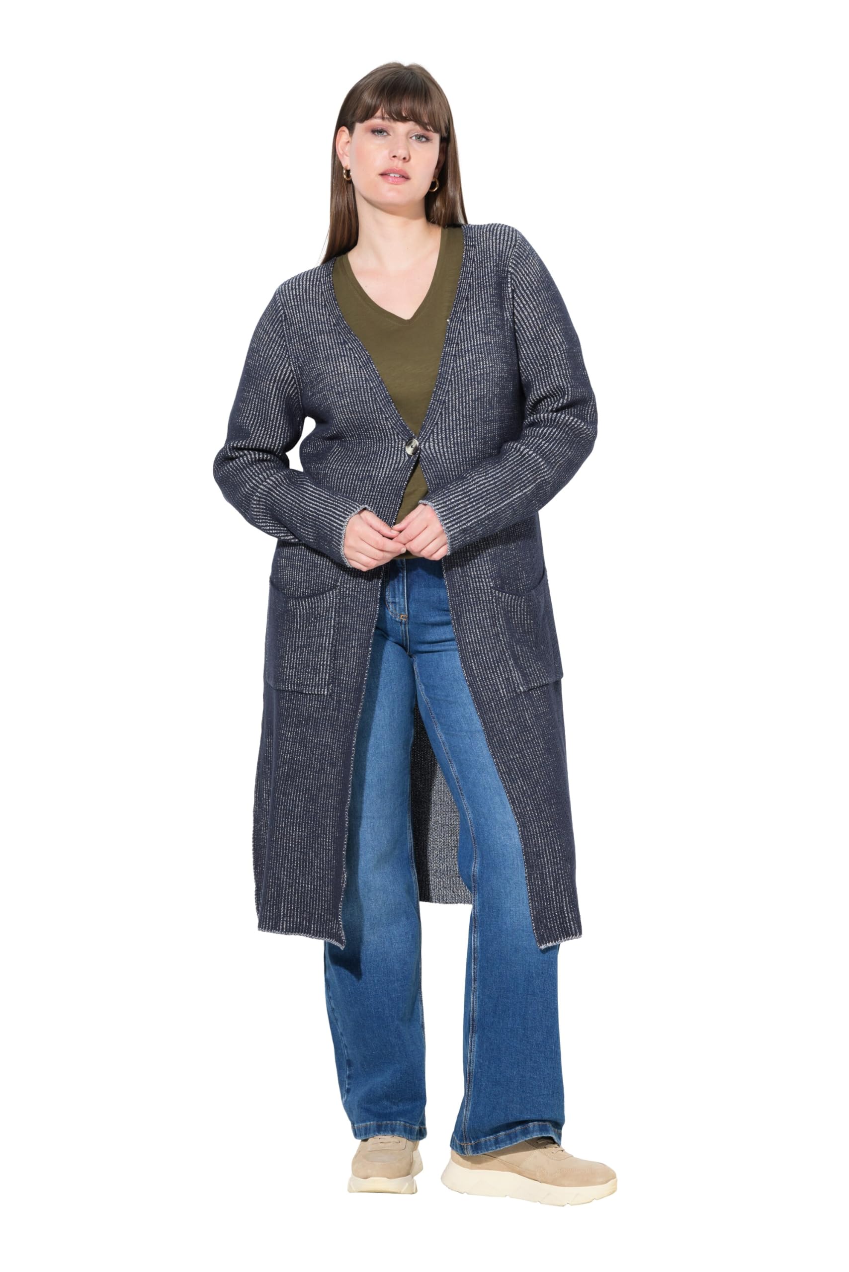 Ulla Popken Damen große Größen Übergrößen Plus Size Lang-Strickjacke, Rippstrick, V-Ausschnitt, Biobaumwolle 840914