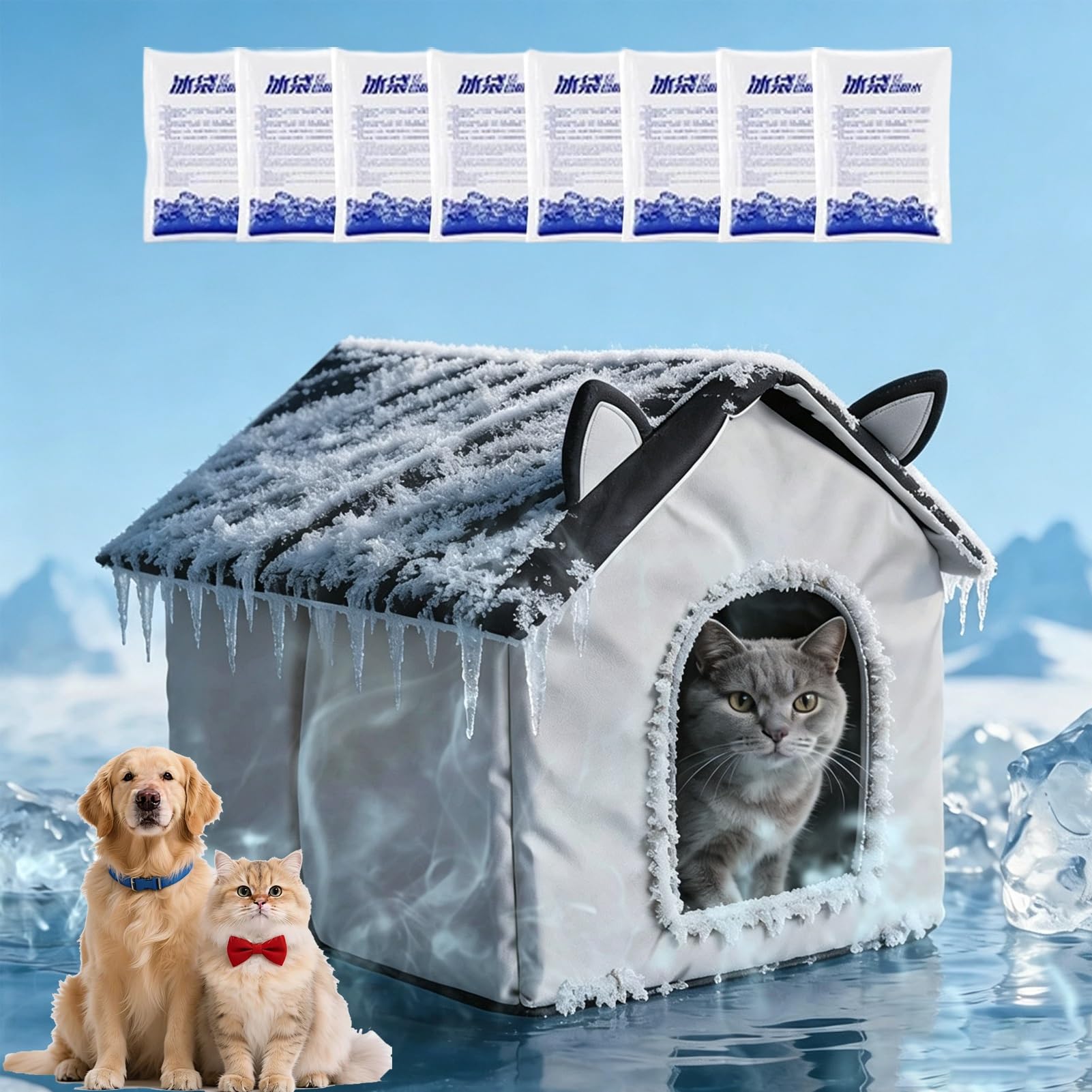 Cat house cooling, cold house for cats with ice packs