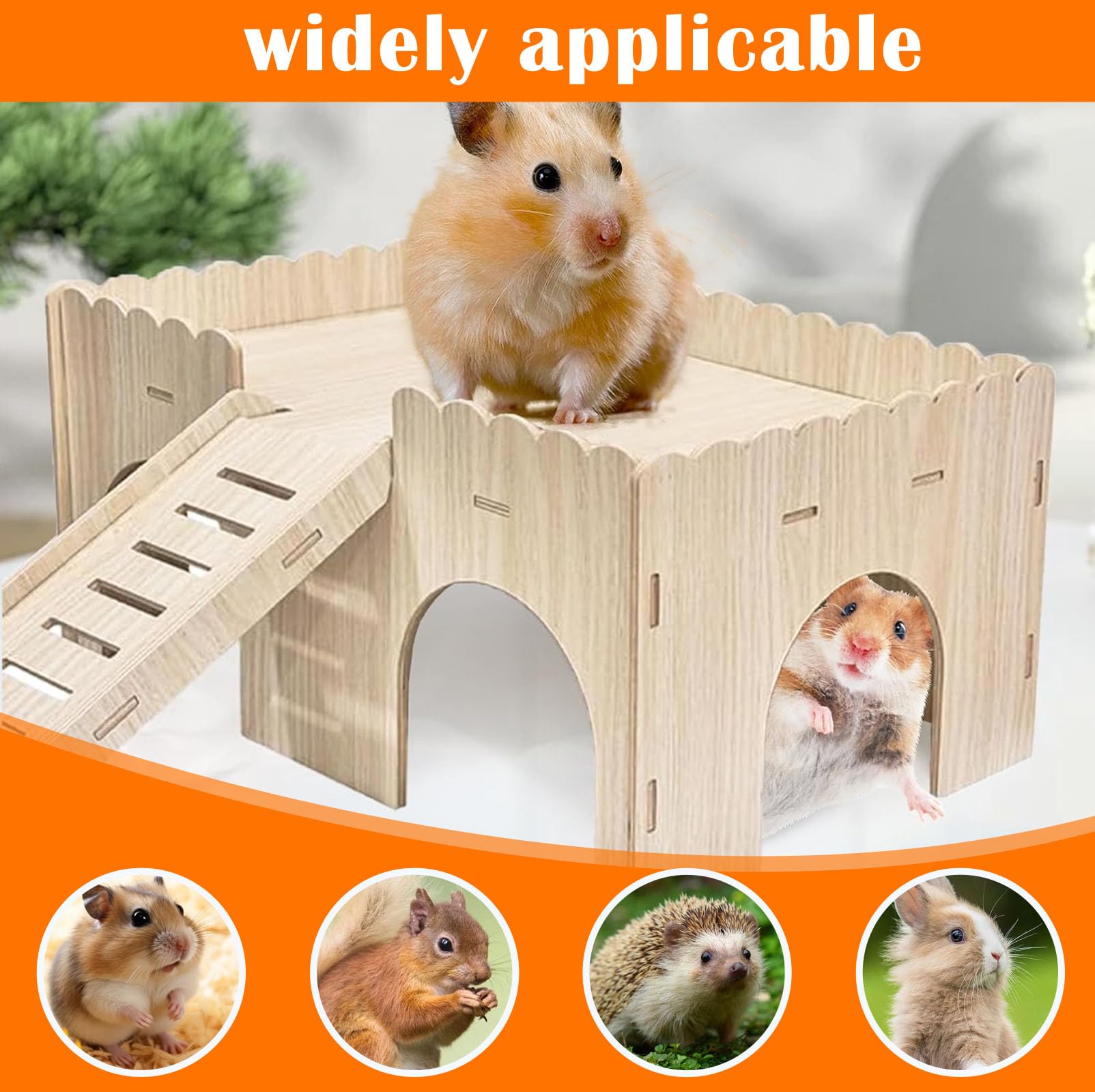 Cabane Cochon d'Inde Bois Massif 4 Entrées avec Rampe Détachable, 38x25x18cm Maison en Bois Naturelle Petits Animaux de Compagnie, Accessoires Jouets pour Hamsters, Nains, Chinchilla, Lapins