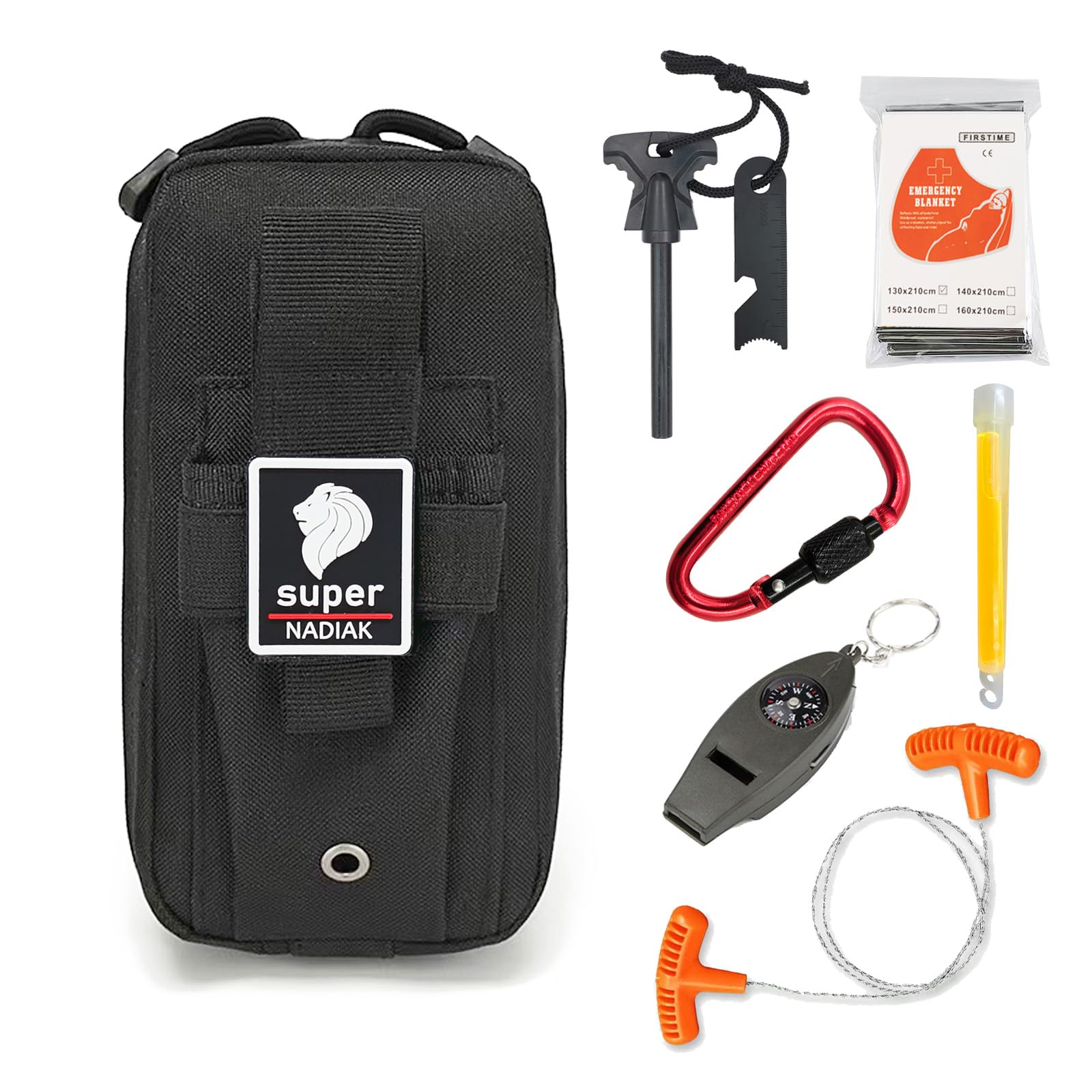 Survival Kit for Hiking & Emergencies-Tactical Molle Pouch with Fire Starter,Emergency Blanket,Survival Whistle,Compass,Saw,Glow Stick & Carabiner|for Camping,Trekking,Outdoor-Adventures.