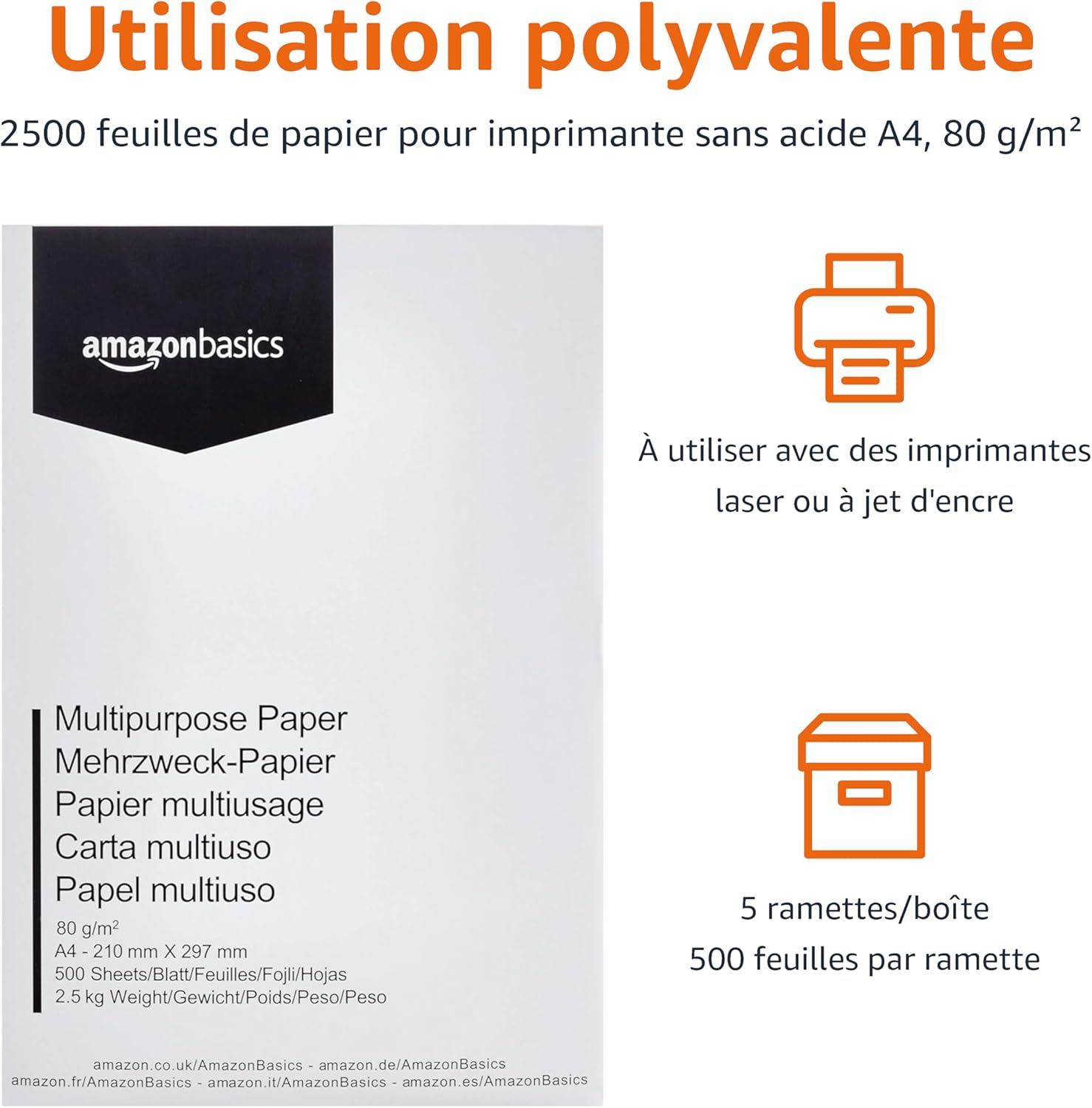 AmazonBasics Papier A4 Multiusage: 2500 Feuilles (80g/m²) pour Impressions de Haute Qualité - Image secondaire